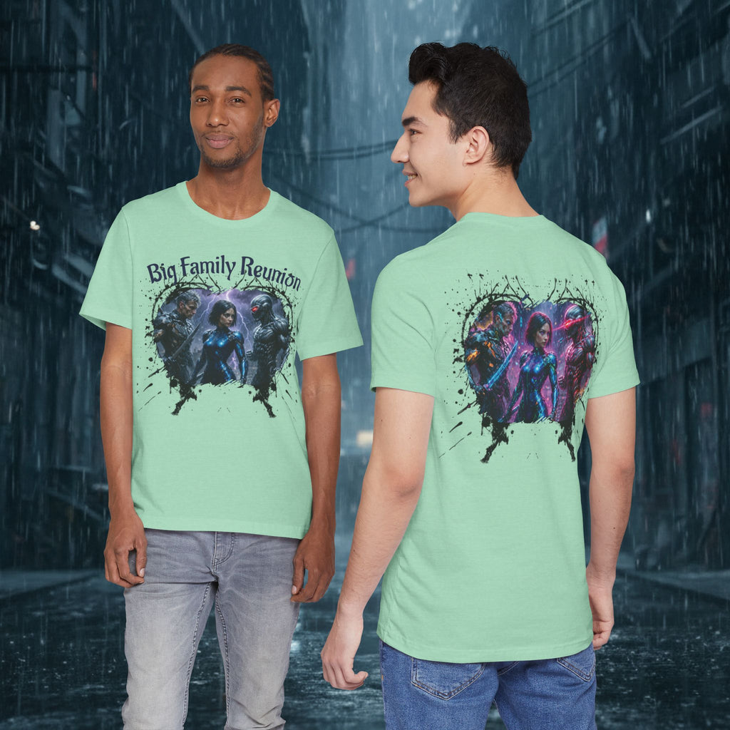 T-Shirt — "Big Family Reunion" Sci‑Fi Character Heart Graphic Tee - Battle Suits