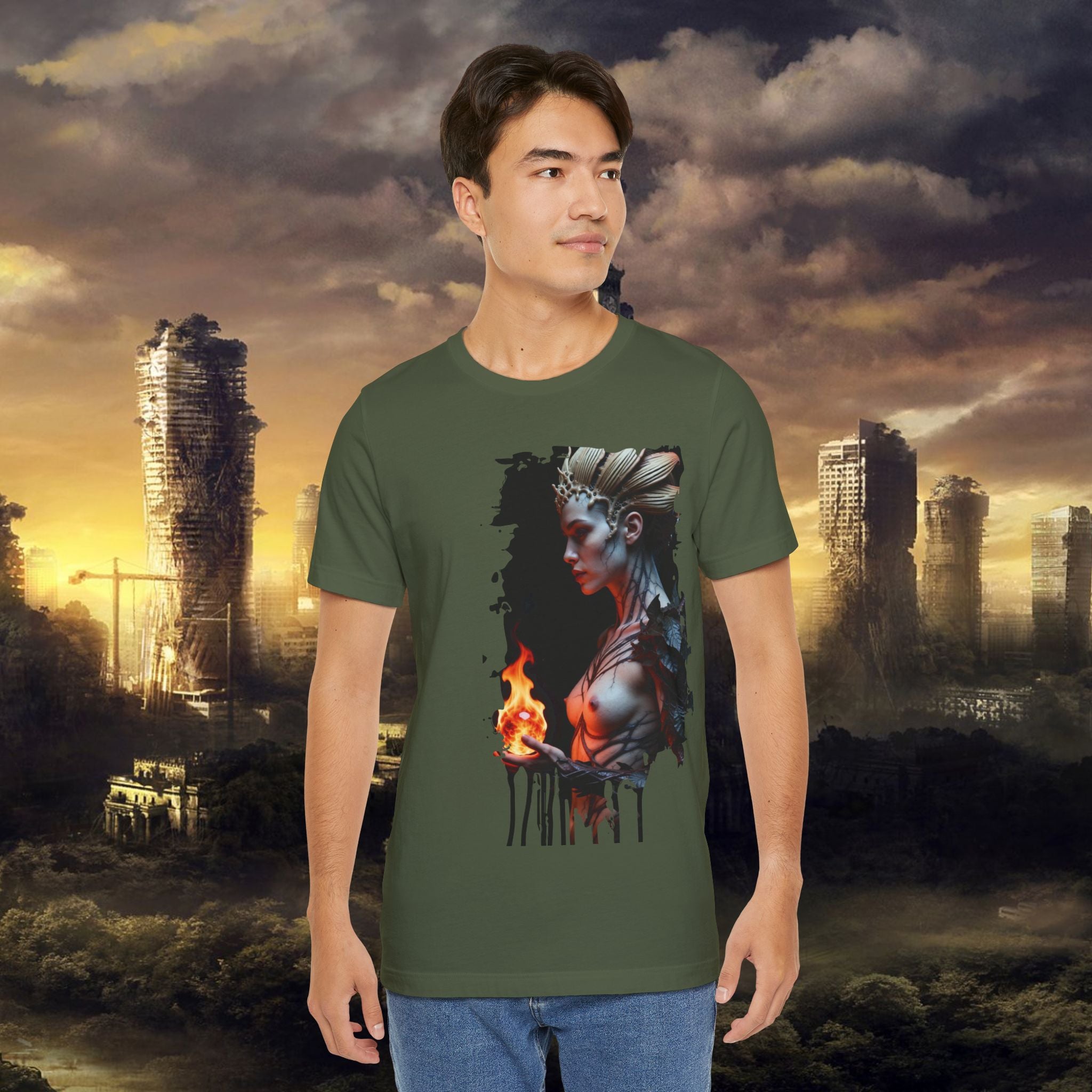Mythic Fire Goddess T‑Shirt — Fantasy Portrait Tee with Flaming Orb - Alexia Ashford Side Face