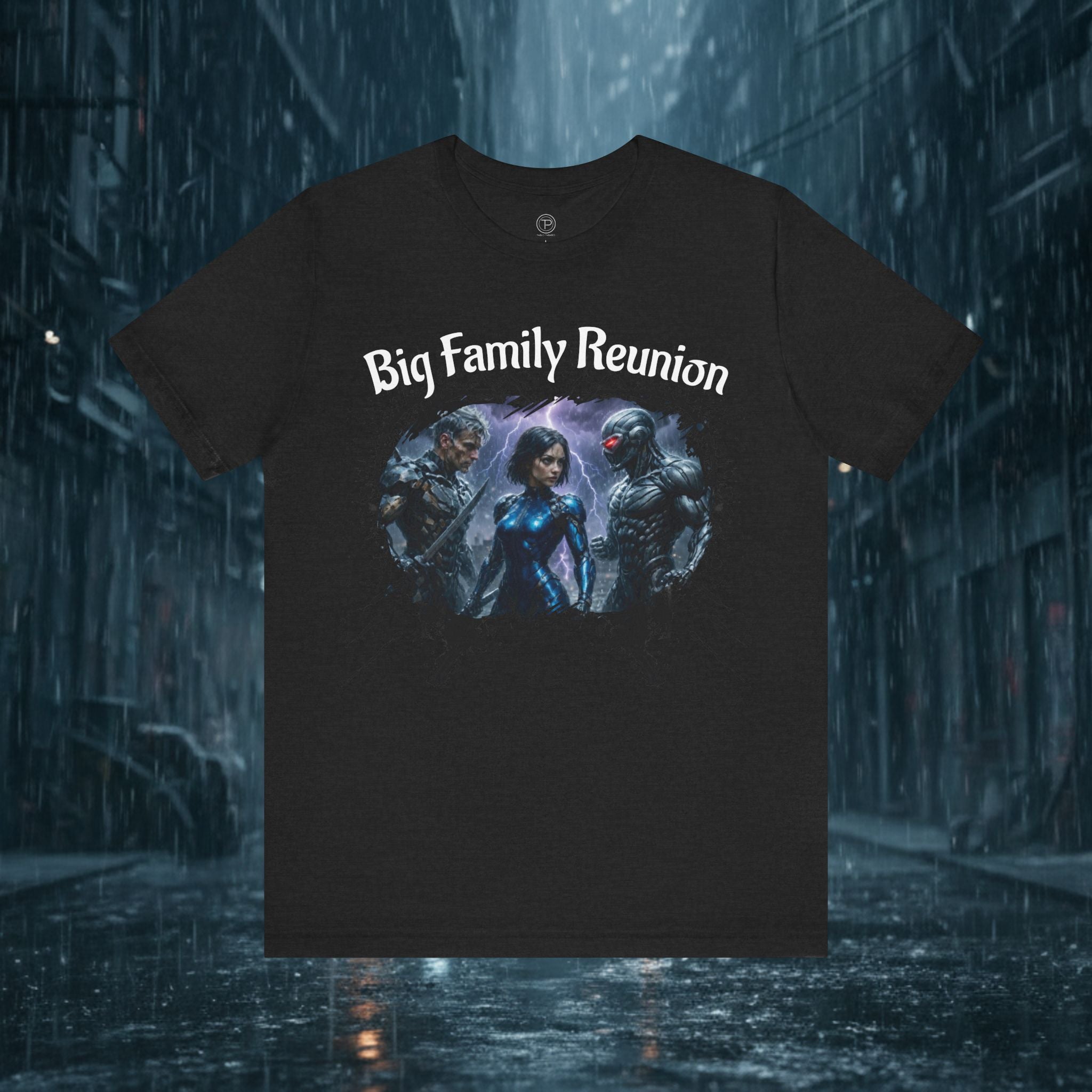 T-Shirt — "Big Family Reunion" Sci‑Fi Character Heart Graphic Tee - Battle Suits