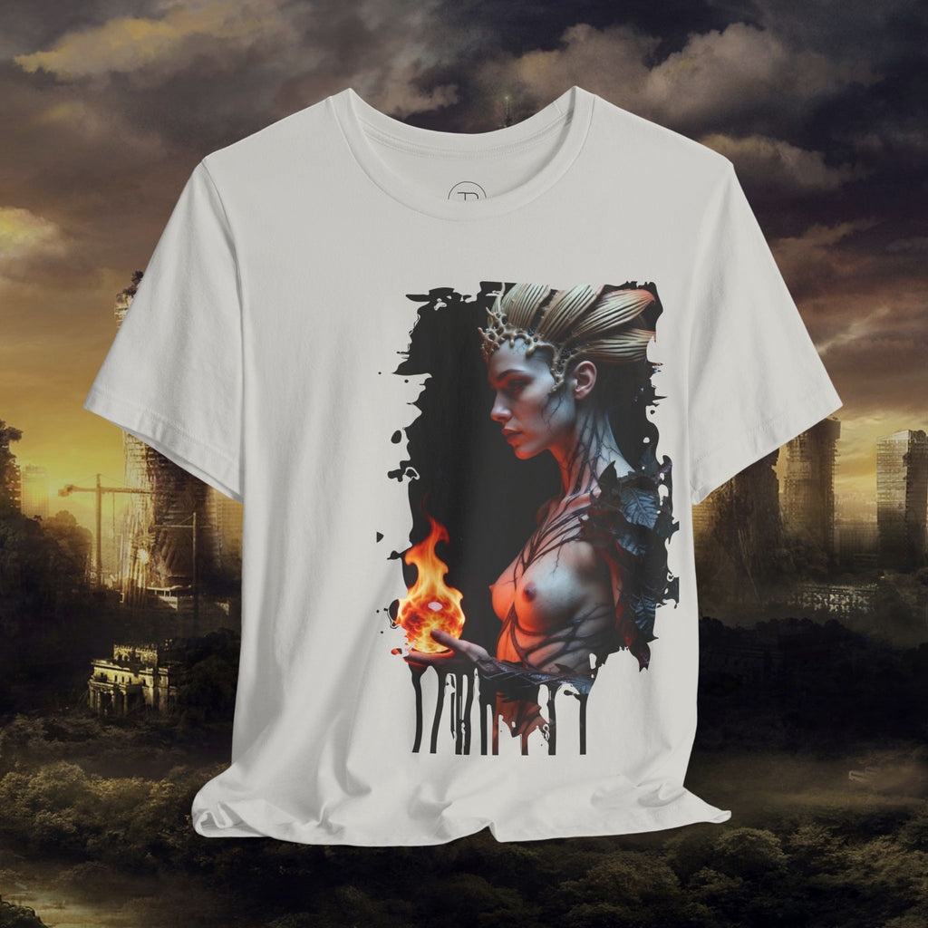 Mythic Fire Goddess T‑Shirt — Fantasy Portrait Tee with Flaming Orb - Alexia Ashford Side Face