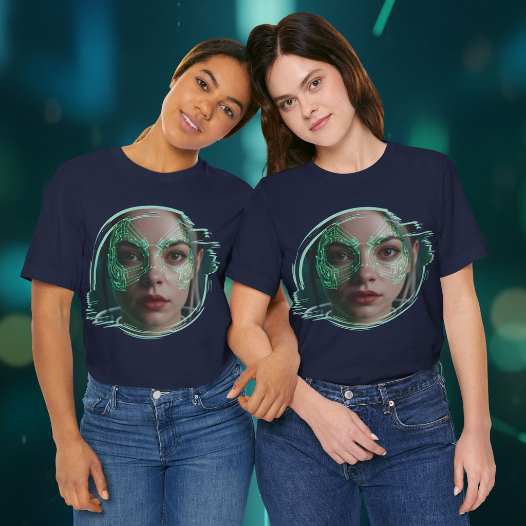 Cybernetic Portrait Tee — Futuristic Neon Circuit Face Graphic Shirt - Green Cyborg Woman