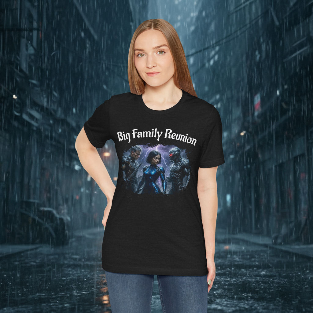 T-Shirt — "Big Family Reunion" Sci‑Fi Character Heart Graphic Tee - Battle Suits