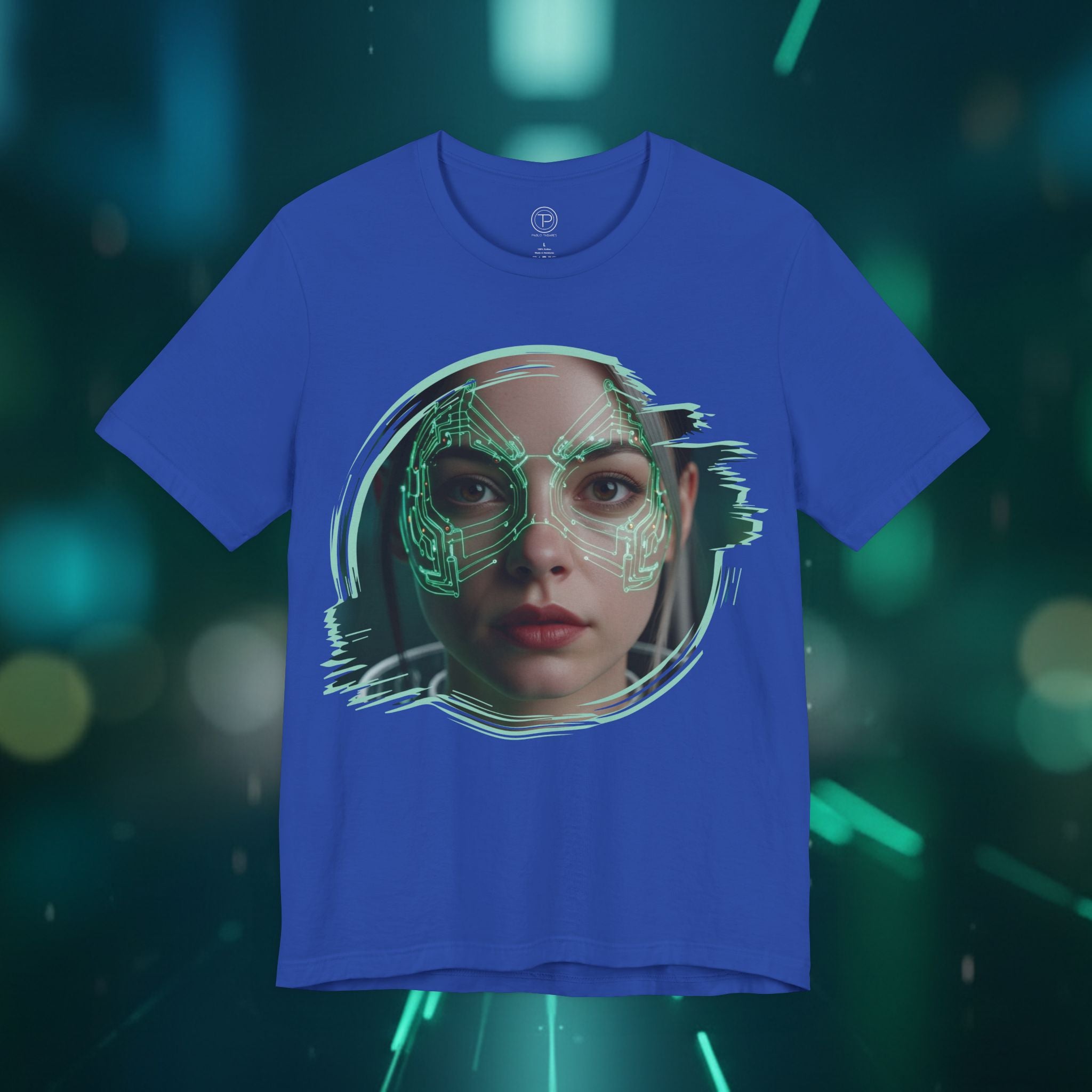 Cybernetic Portrait Tee — Futuristic Neon Circuit Face Graphic Shirt - Green Cyborg Woman
