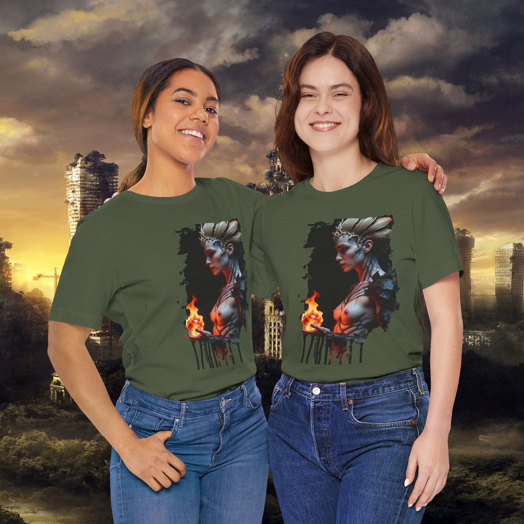 Mythic Fire Goddess T‑Shirt — Fantasy Portrait Tee with Flaming Orb - Alexia Ashford Side Face