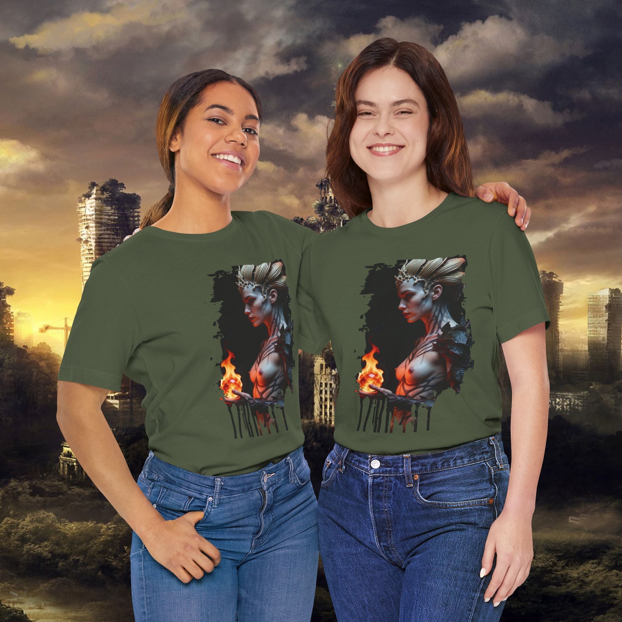 Mythic Fire Goddess T‑Shirt — Fantasy Portrait Tee with Flaming Orb - Alexia Ashford Side Face