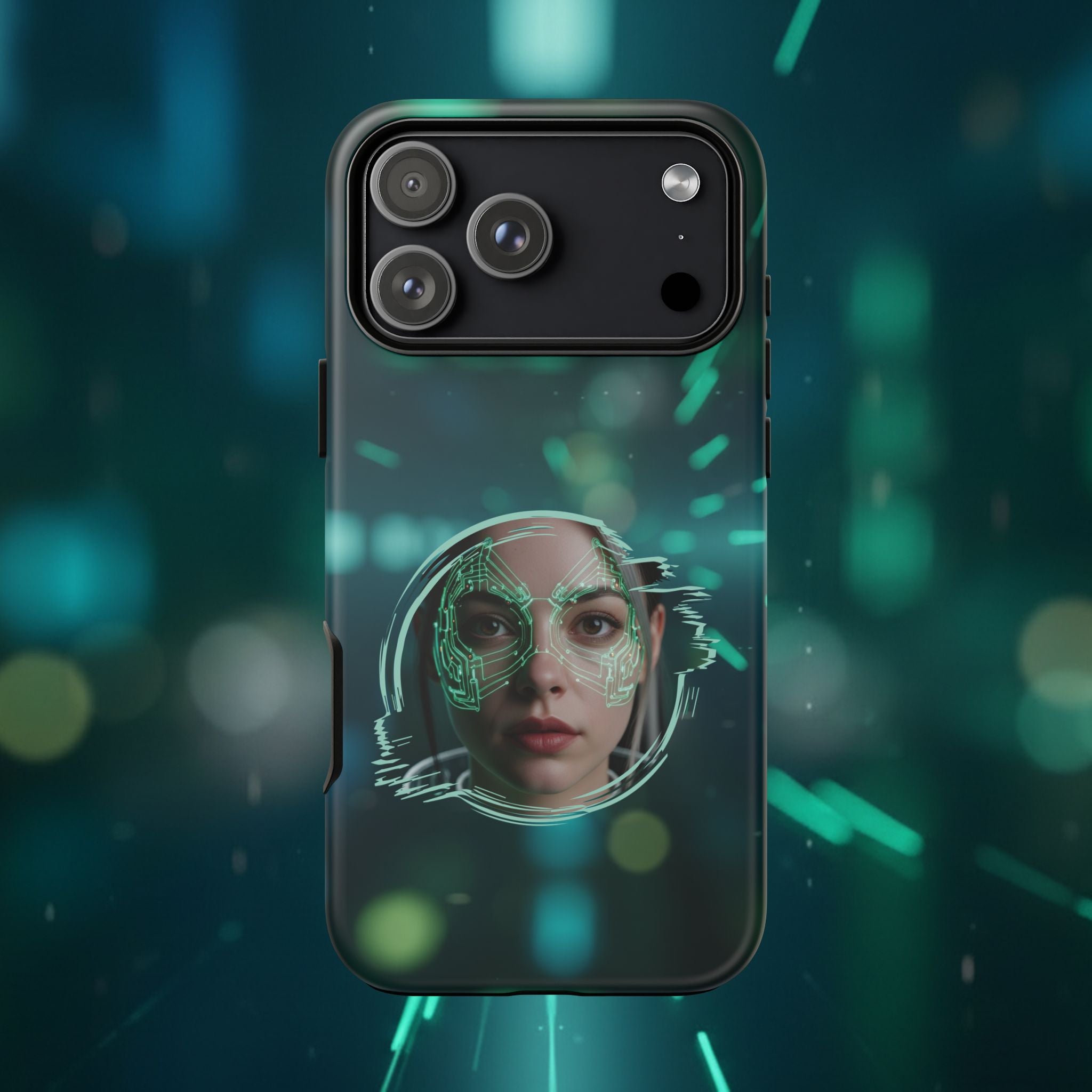 Cyberpunk Portrait Phone Case — Futuristic Neon Tech Face Design Tough Case - Green Cyborg Woman