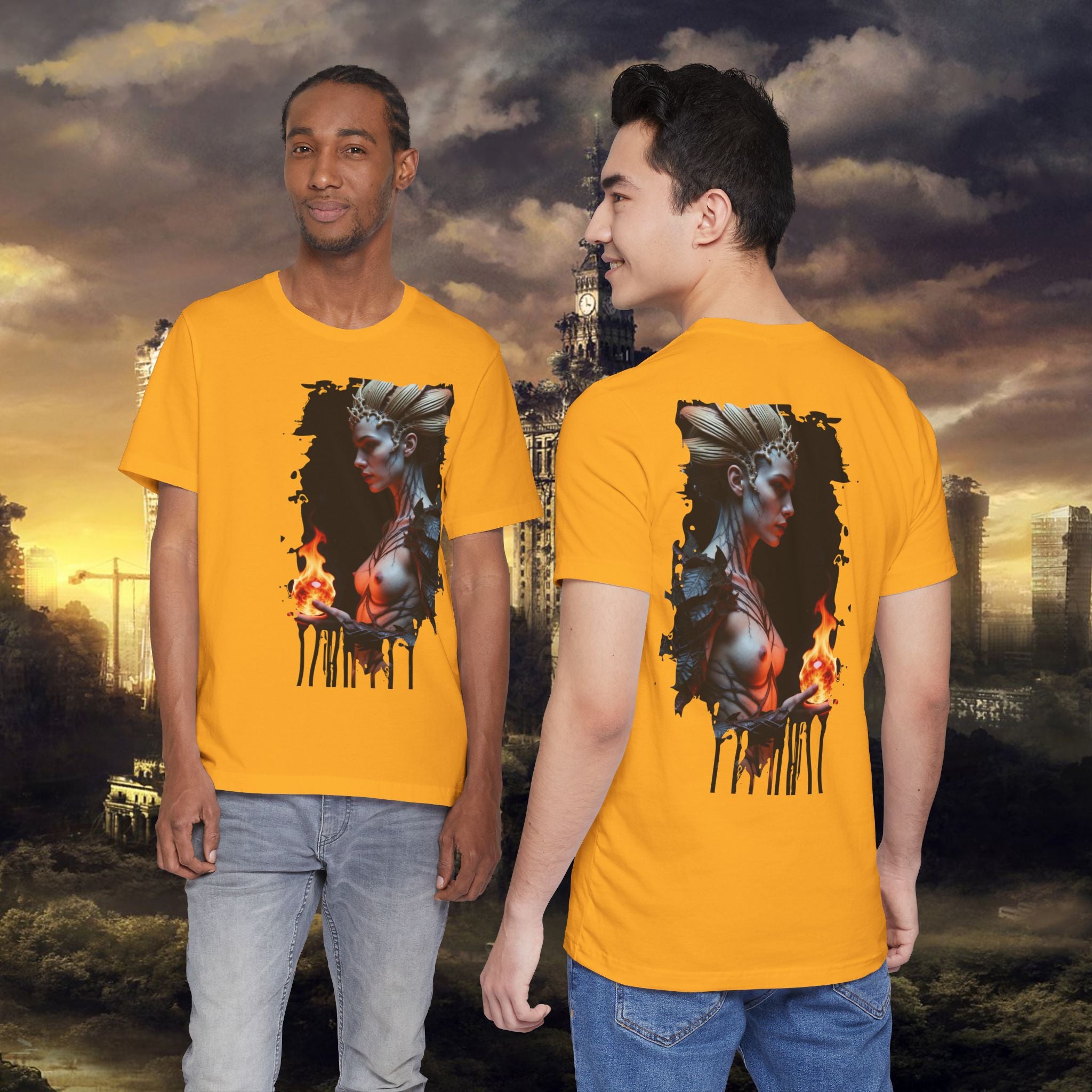 Mythic Fire Goddess T‑Shirt — Fantasy Portrait Tee with Flaming Orb - Alexia Ashford Side Face