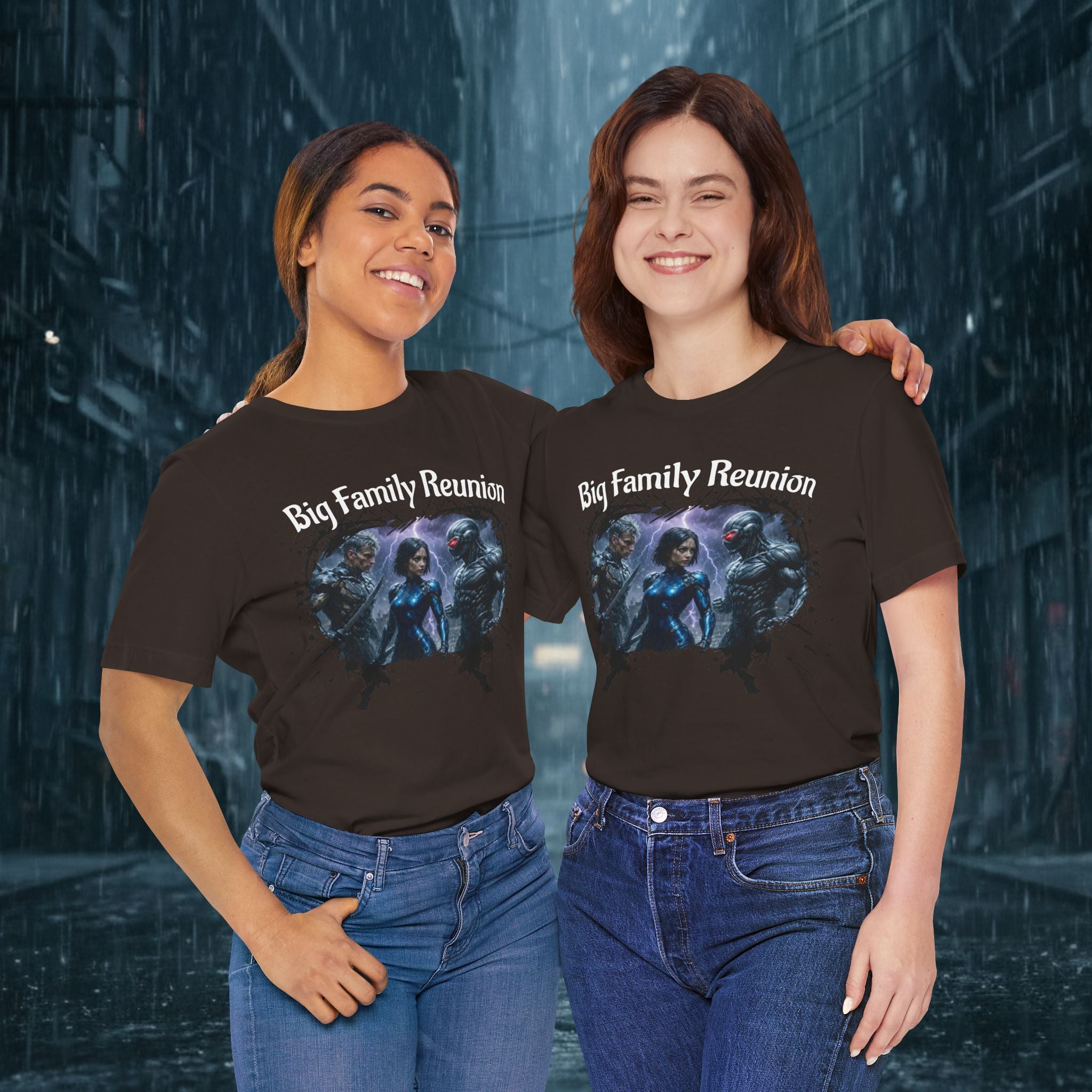 T-Shirt — "Big Family Reunion" Sci‑Fi Character Heart Graphic Tee - Battle Suits