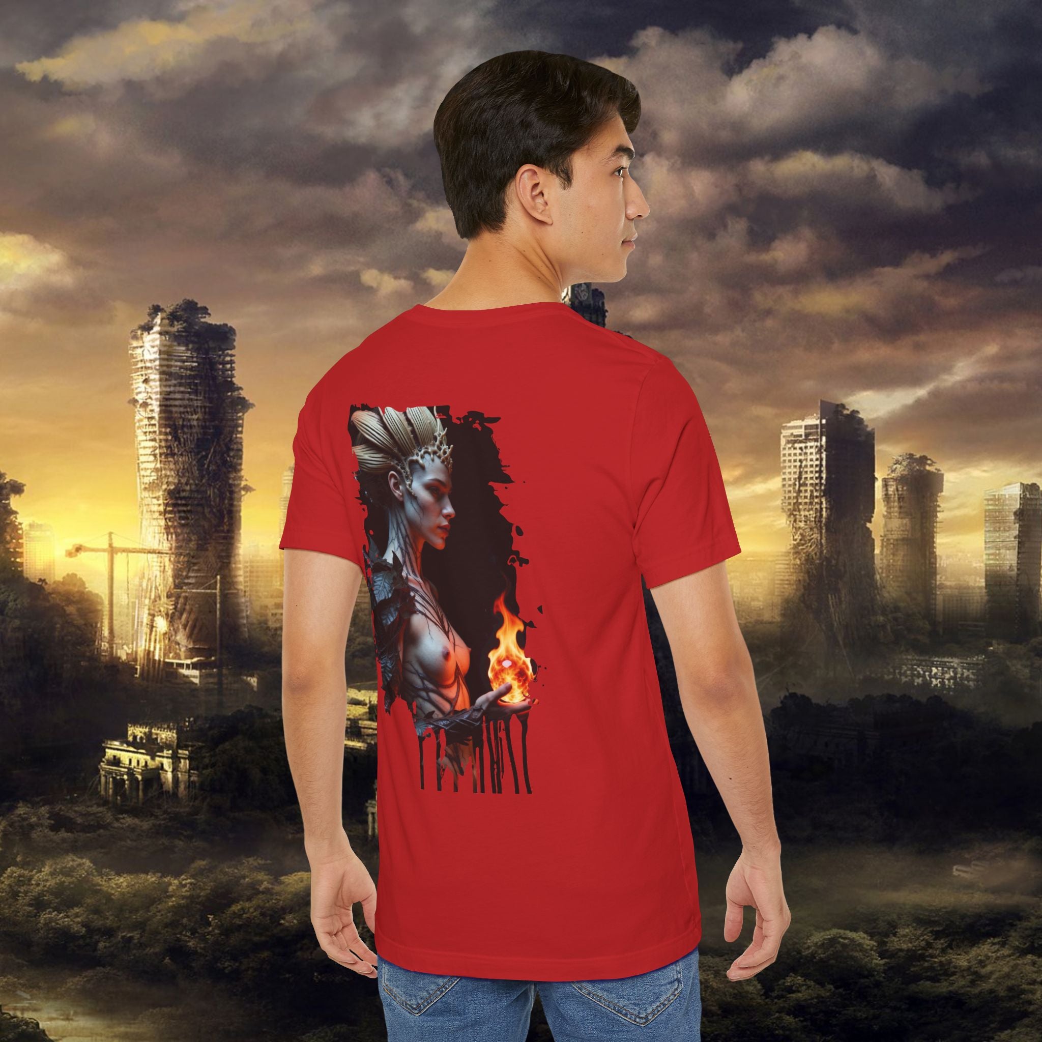 Mythic Fire Goddess T‑Shirt — Fantasy Portrait Tee with Flaming Orb - Alexia Ashford Side Face
