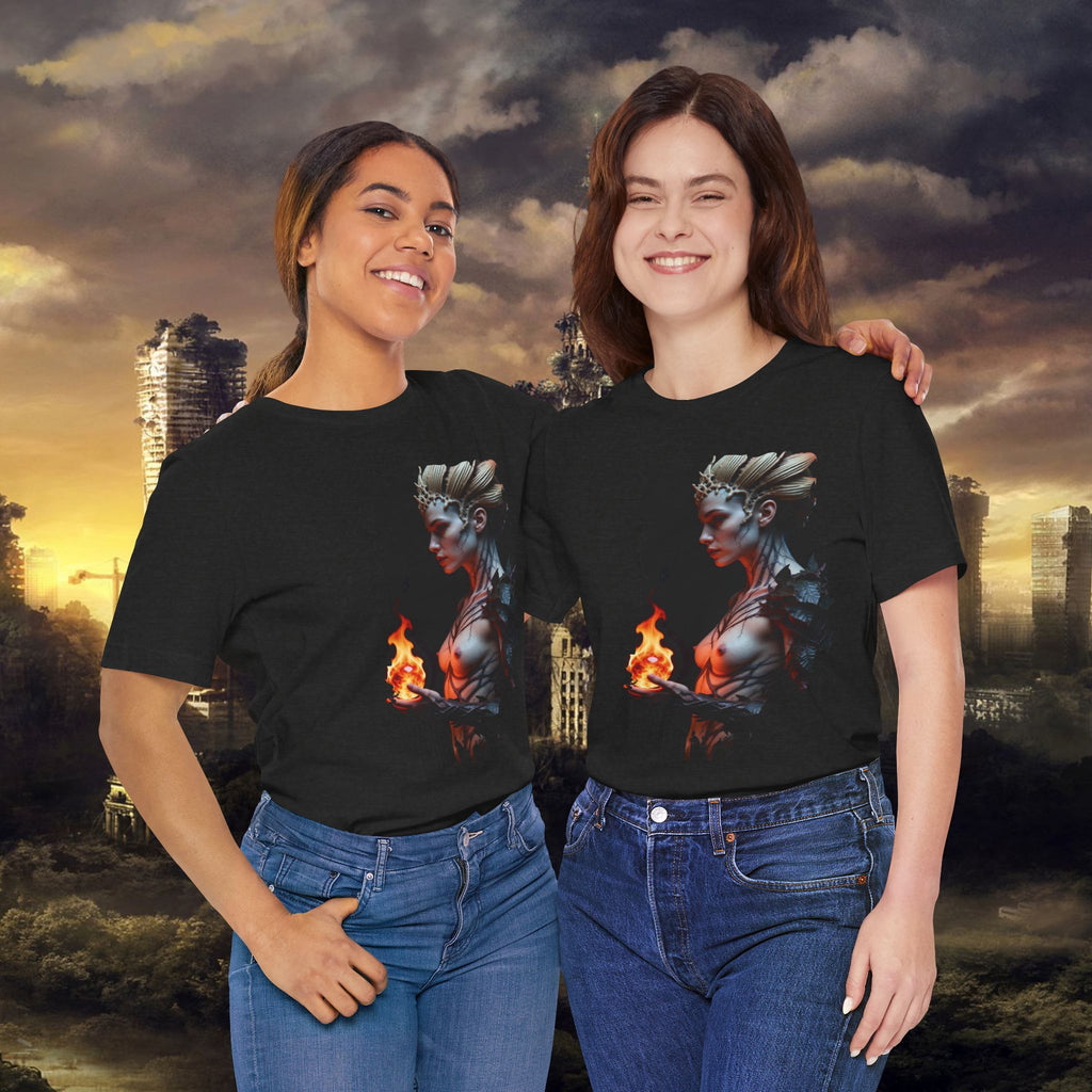 Mythic Fire Goddess T‑Shirt — Fantasy Portrait Tee with Flaming Orb - Alexia Ashford Side Face
