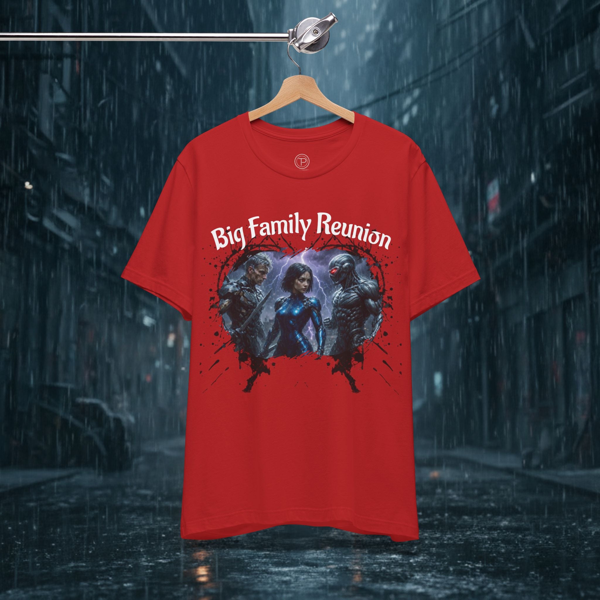 T-Shirt — "Big Family Reunion" Sci‑Fi Character Heart Graphic Tee - Battle Suits