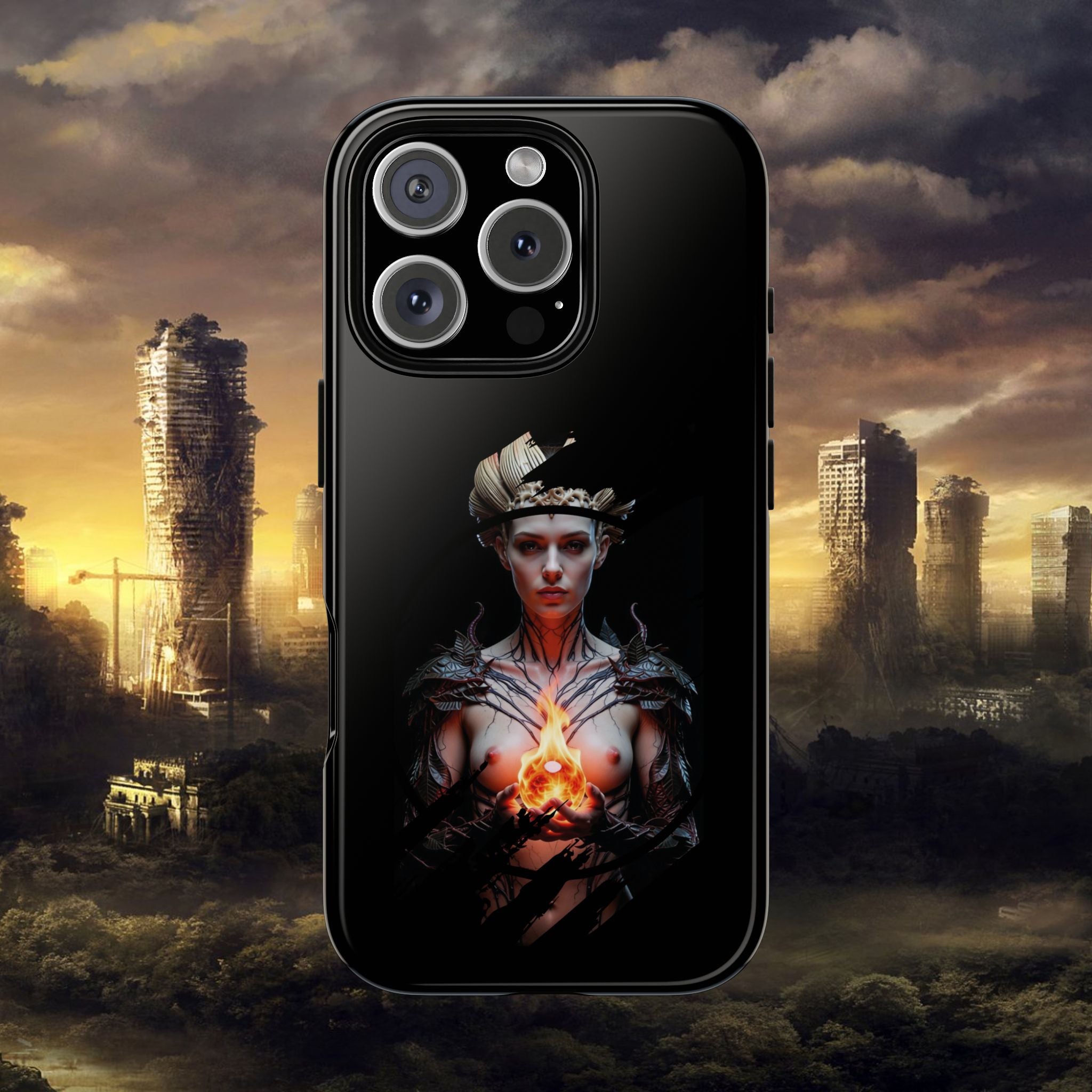 Fantasy Sorceress Phone Case — Dark Magic Mage with Fiery Orb Tough Case - Alexia Ashford