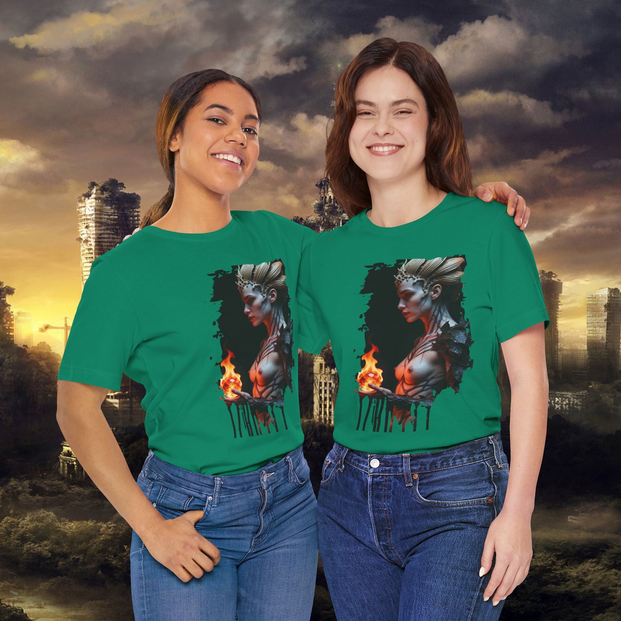 Mythic Fire Goddess T‑Shirt — Fantasy Portrait Tee with Flaming Orb - Alexia Ashford Side Face