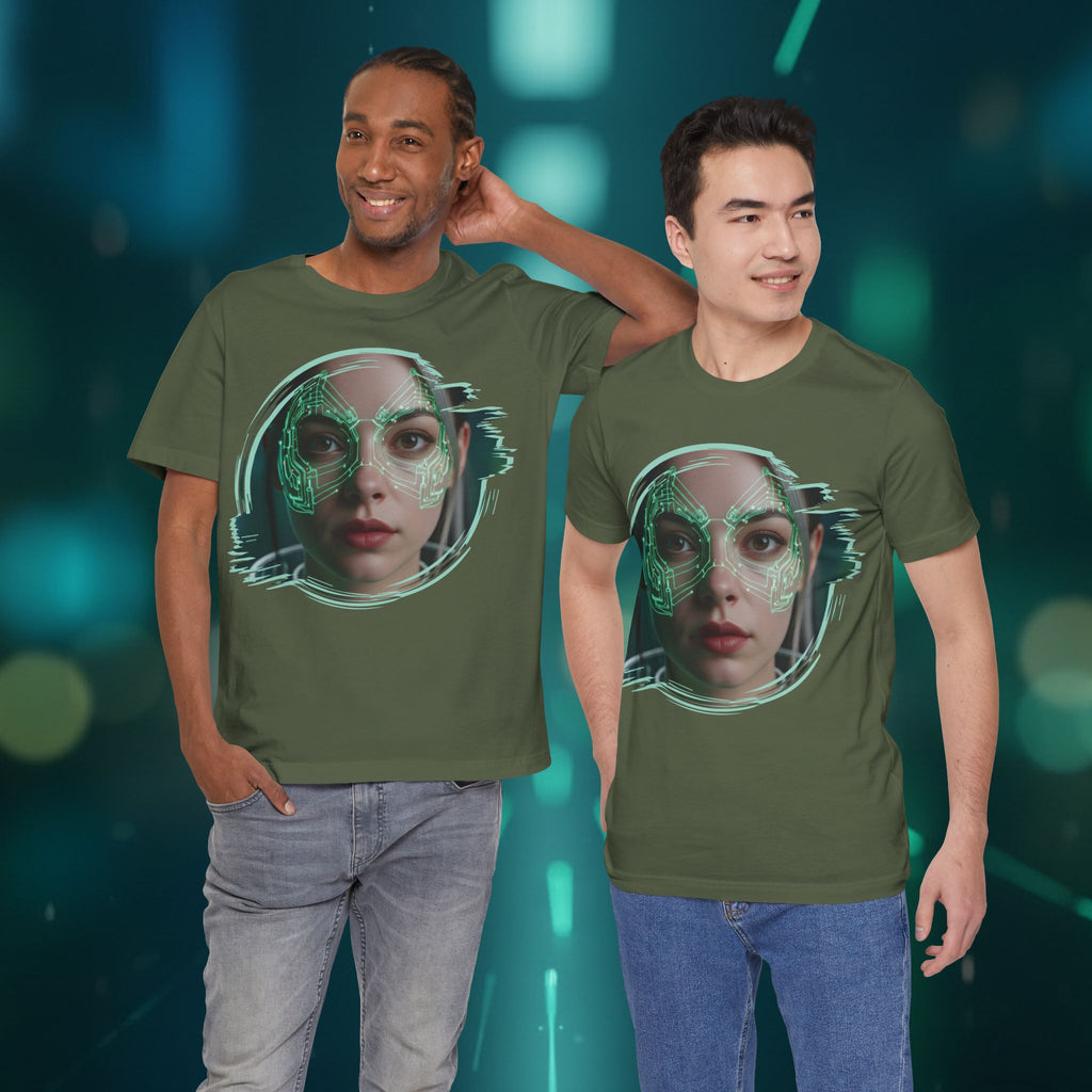 Cybernetic Portrait Tee — Futuristic Neon Circuit Face Graphic Shirt - Green Cyborg Woman