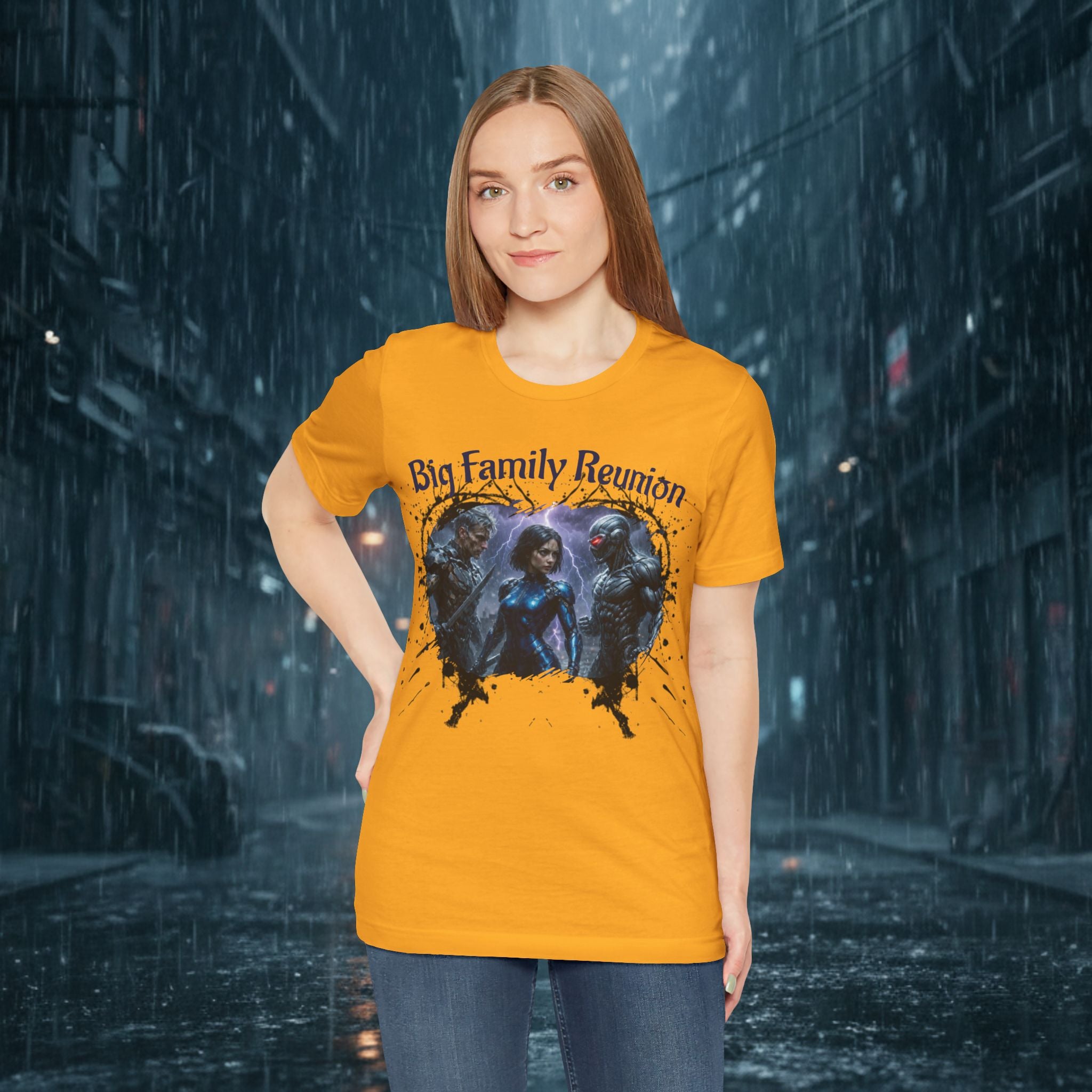 T-Shirt — "Big Family Reunion" Sci‑Fi Character Heart Graphic Tee - Battle Suits