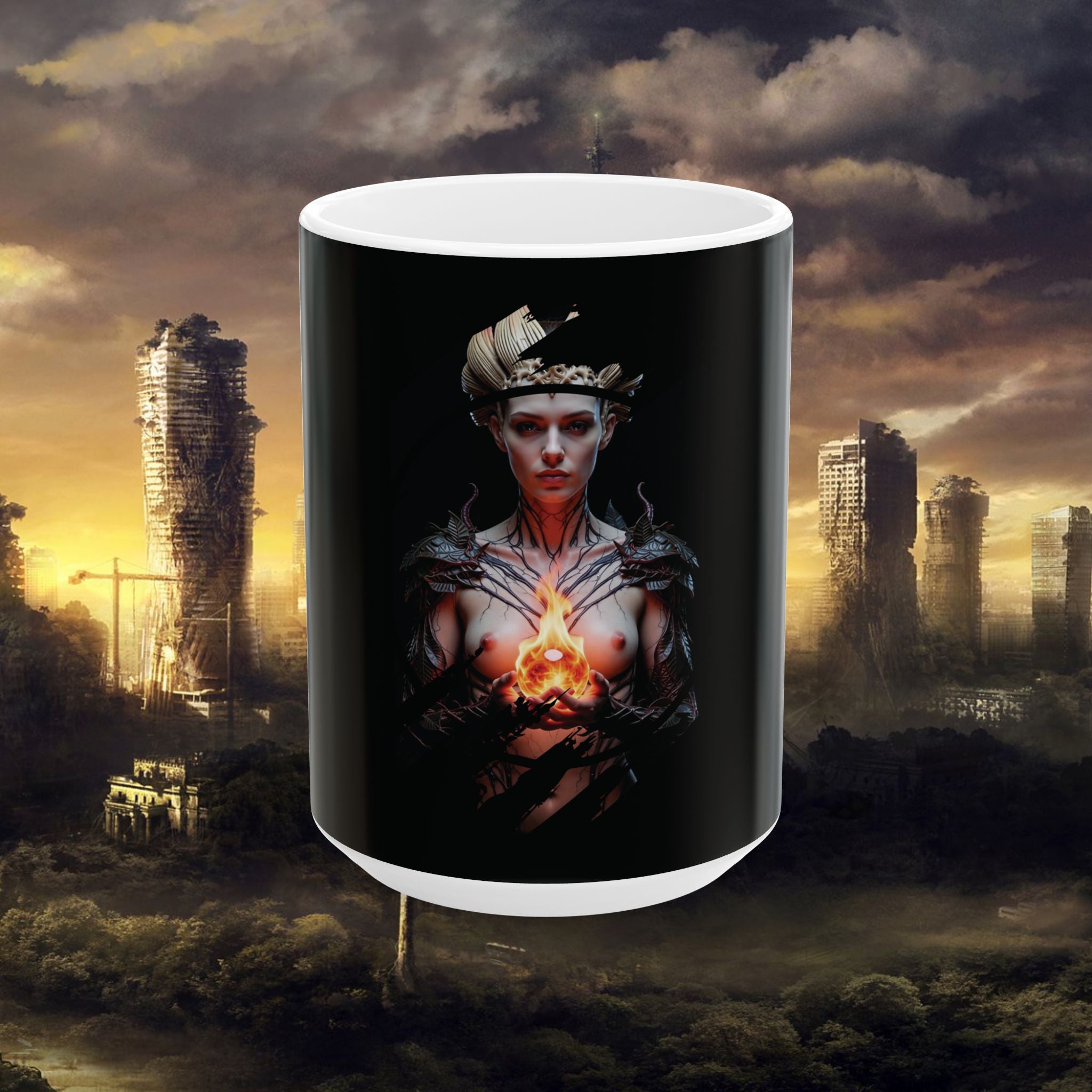 Fantasy Sorceress Ceramic Mug — Dark Magic & Flame Illustration (11oz, 15oz) - Alexia Ashford