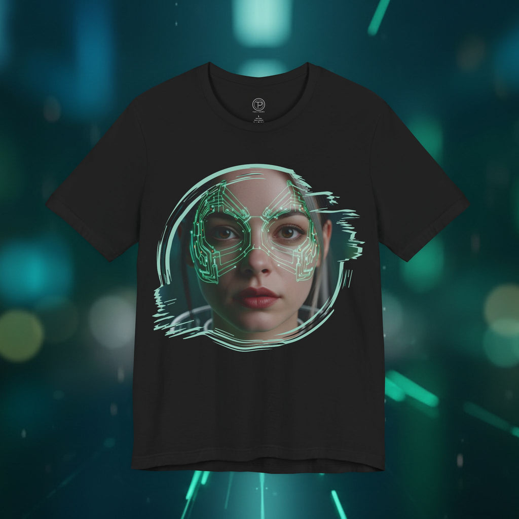 Cybernetic Portrait Tee — Futuristic Neon Circuit Face Graphic Shirt - Green Cyborg Woman