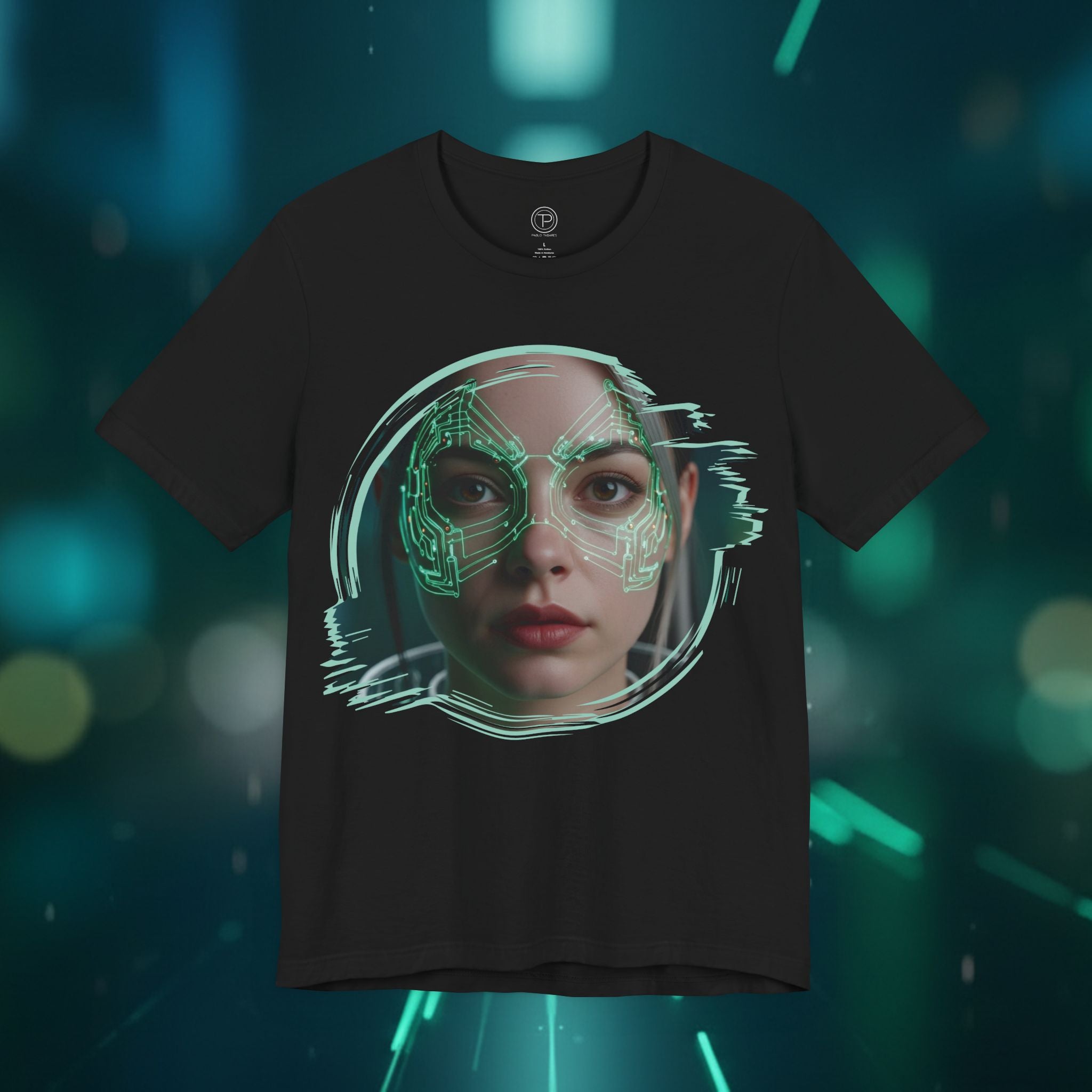 Cybernetic Portrait Tee — Futuristic Neon Circuit Face Graphic Shirt - Green Cyborg Woman