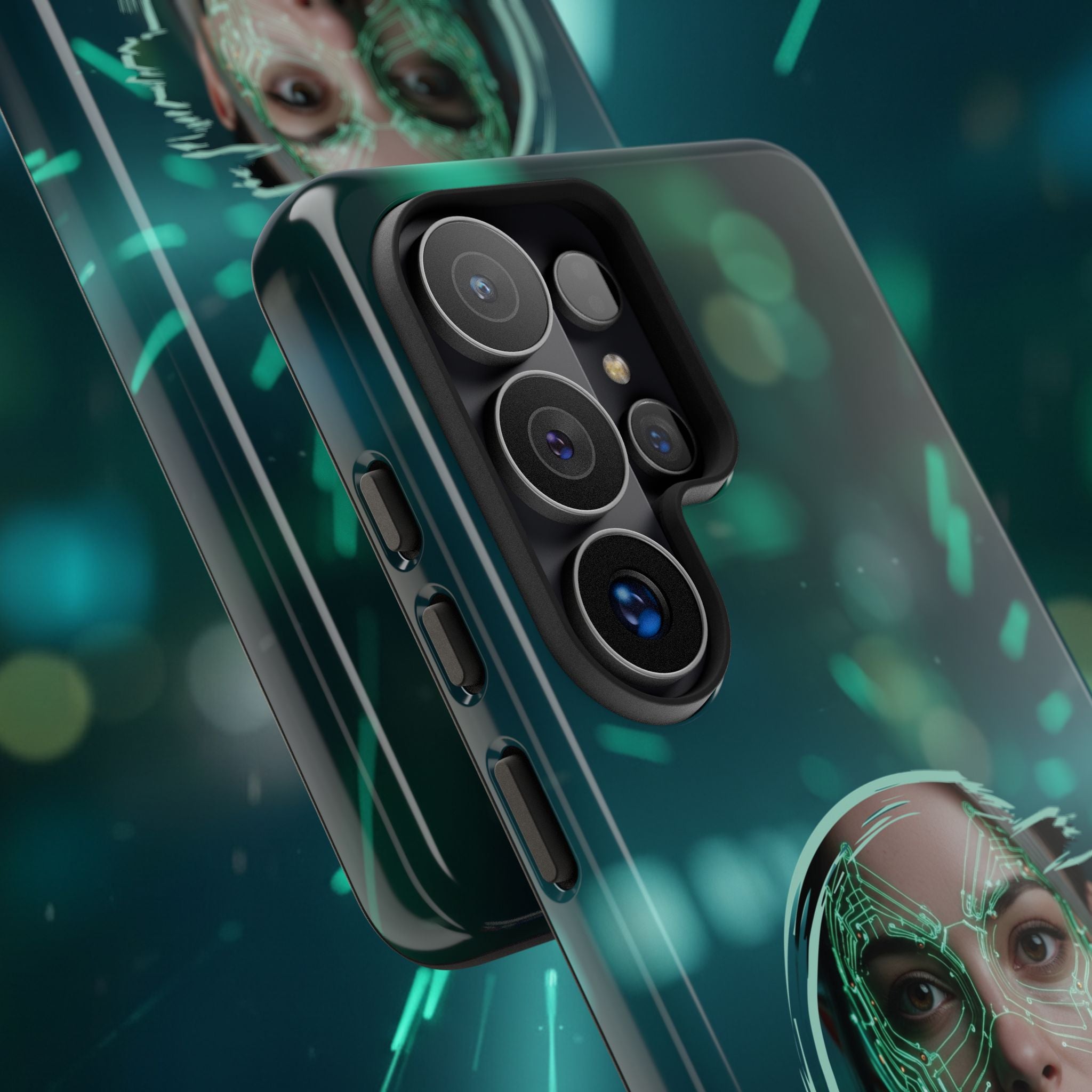 Cyberpunk Portrait Phone Case — Futuristic Neon Tech Face Design Tough Case - Green Cyborg Woman