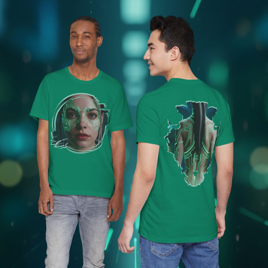 Cybernetic Portrait Tee — Futuristic Neon Circuit Face Graphic Shirt - Green Cyborg Woman