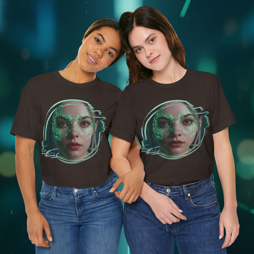 Cybernetic Portrait Tee — Futuristic Neon Circuit Face Graphic Shirt - Green Cyborg Woman