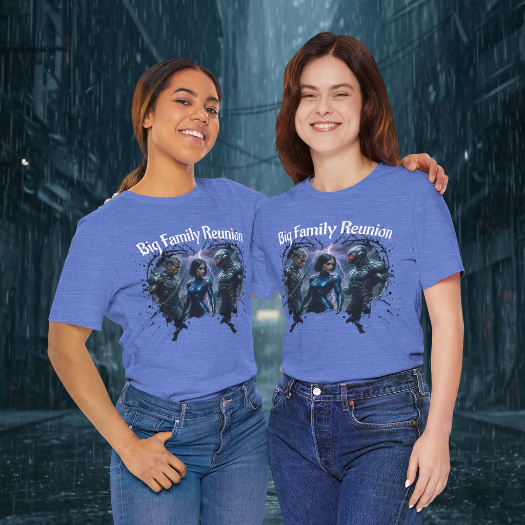 T-Shirt — "Big Family Reunion" Sci‑Fi Character Heart Graphic Tee - Battle Suits