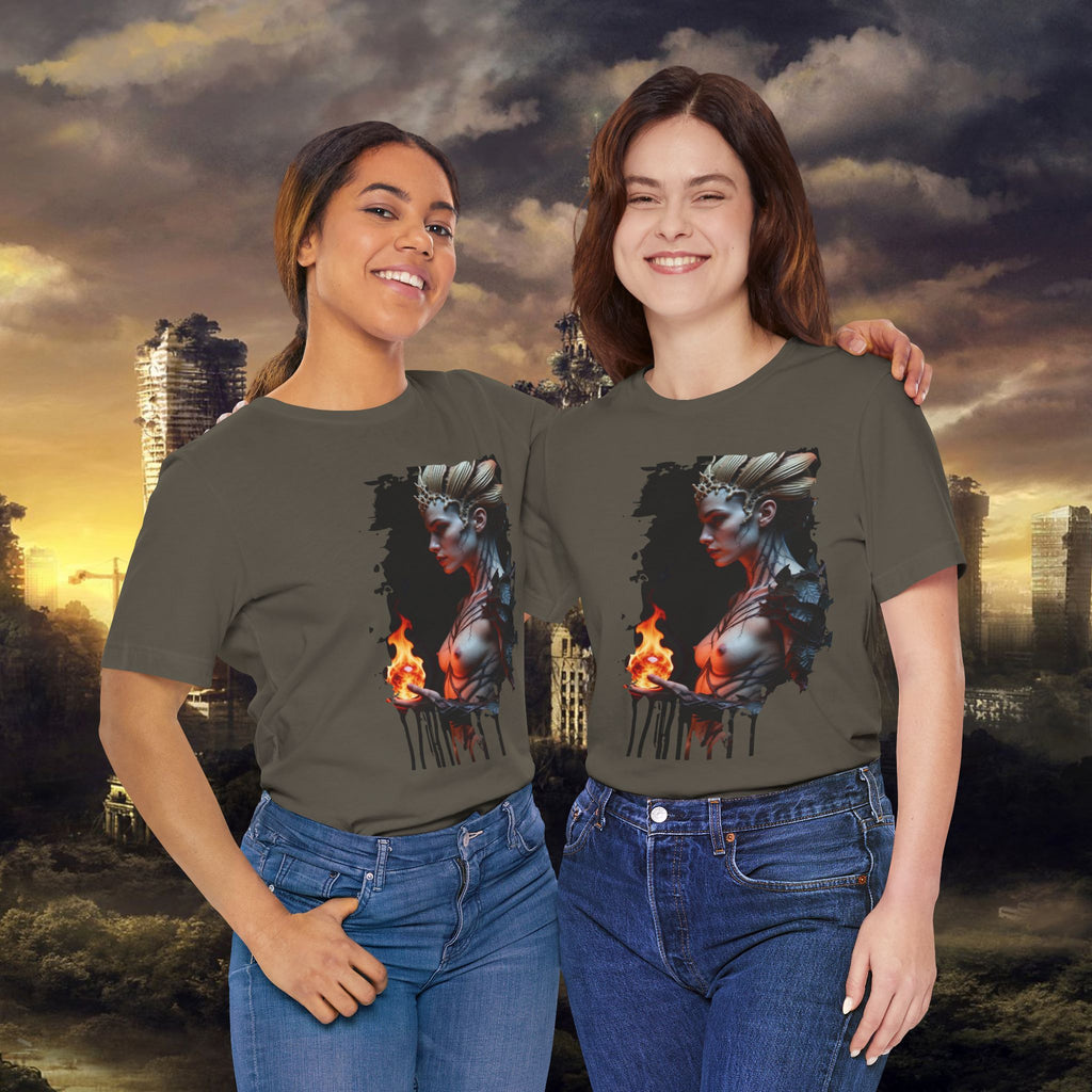 Mythic Fire Goddess T‑Shirt — Fantasy Portrait Tee with Flaming Orb - Alexia Ashford Side Face