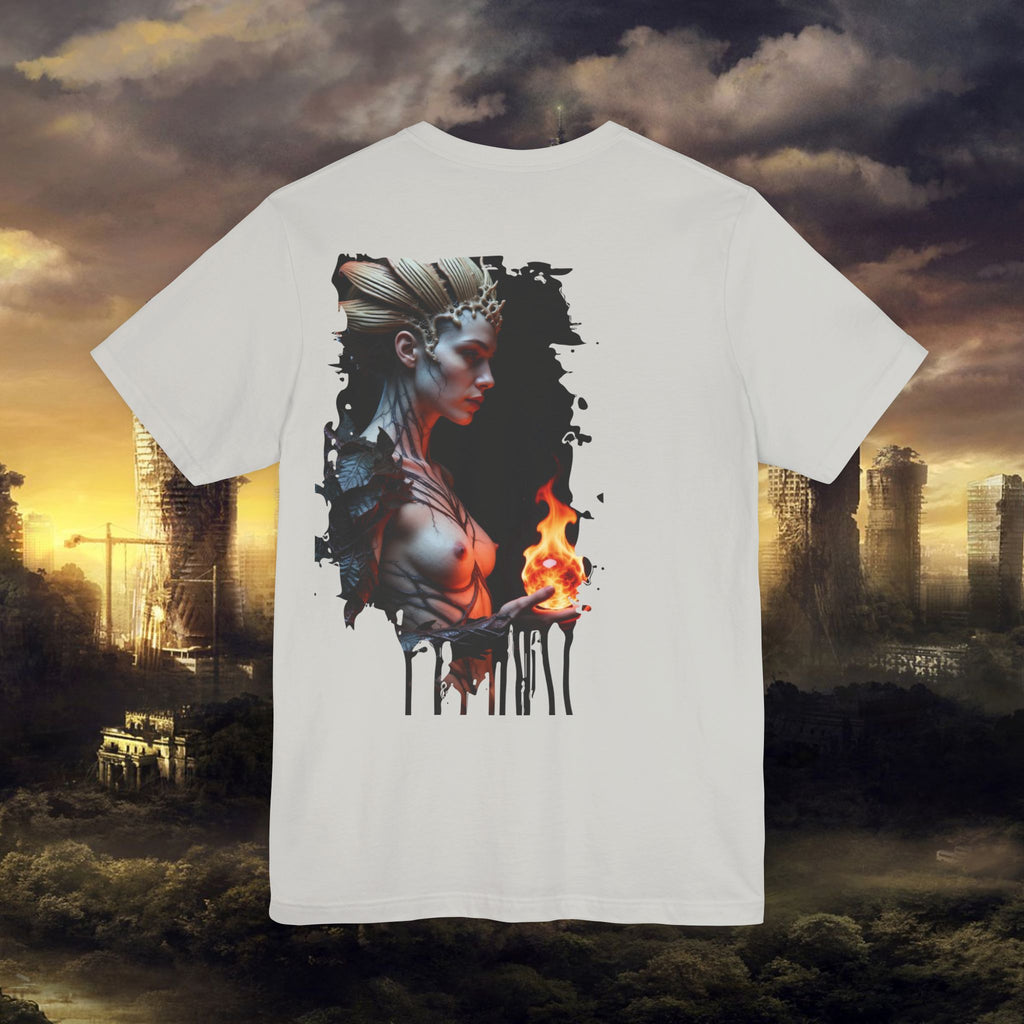 Mythic Fire Goddess T‑Shirt — Fantasy Portrait Tee with Flaming Orb - Alexia Ashford Side Face