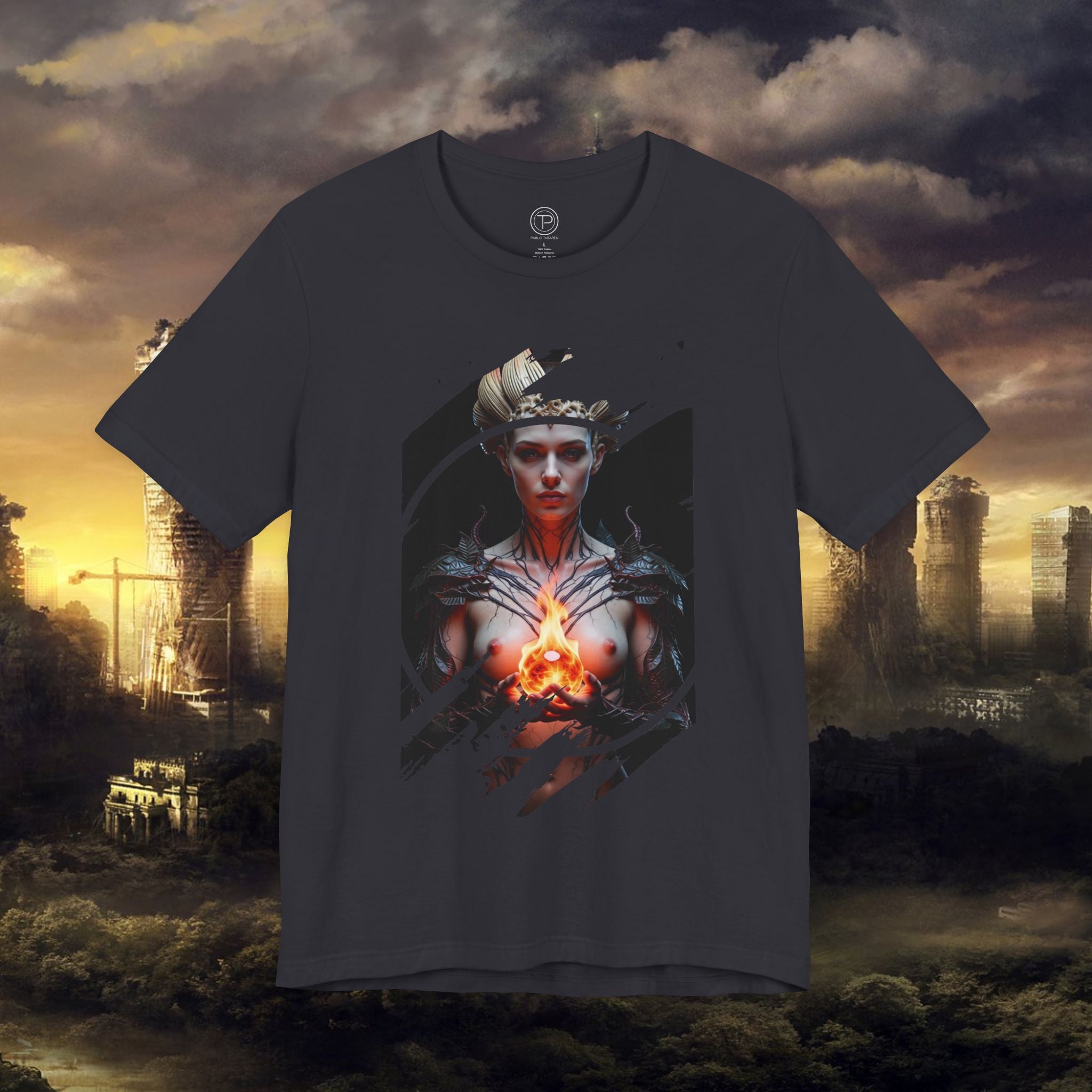 Dark Sorceress T‑Shirt — Fantasy Magic Witch Tee with Fiery Heart - Alexia Ashford