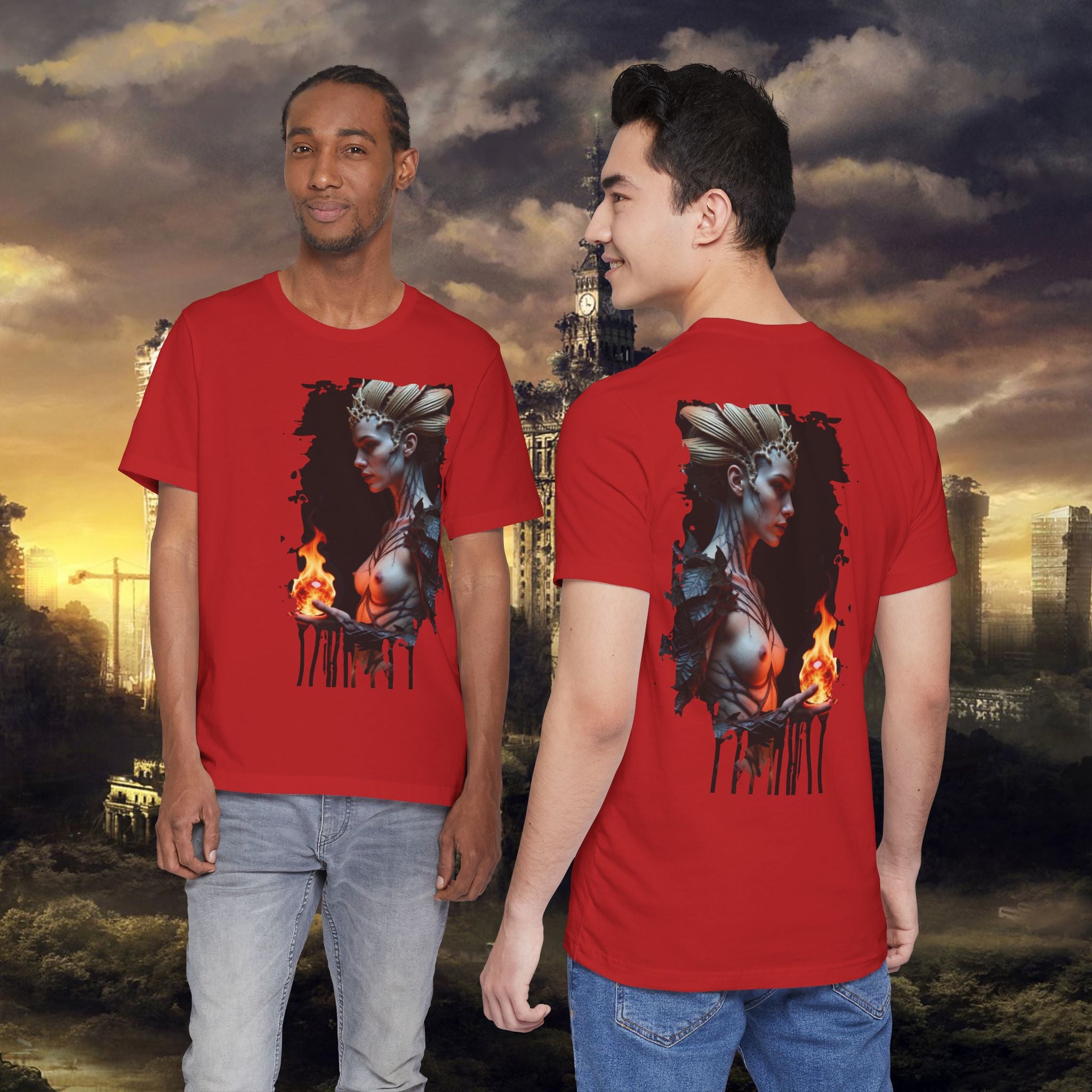 Mythic Fire Goddess T‑Shirt — Fantasy Portrait Tee with Flaming Orb - Alexia Ashford Side Face