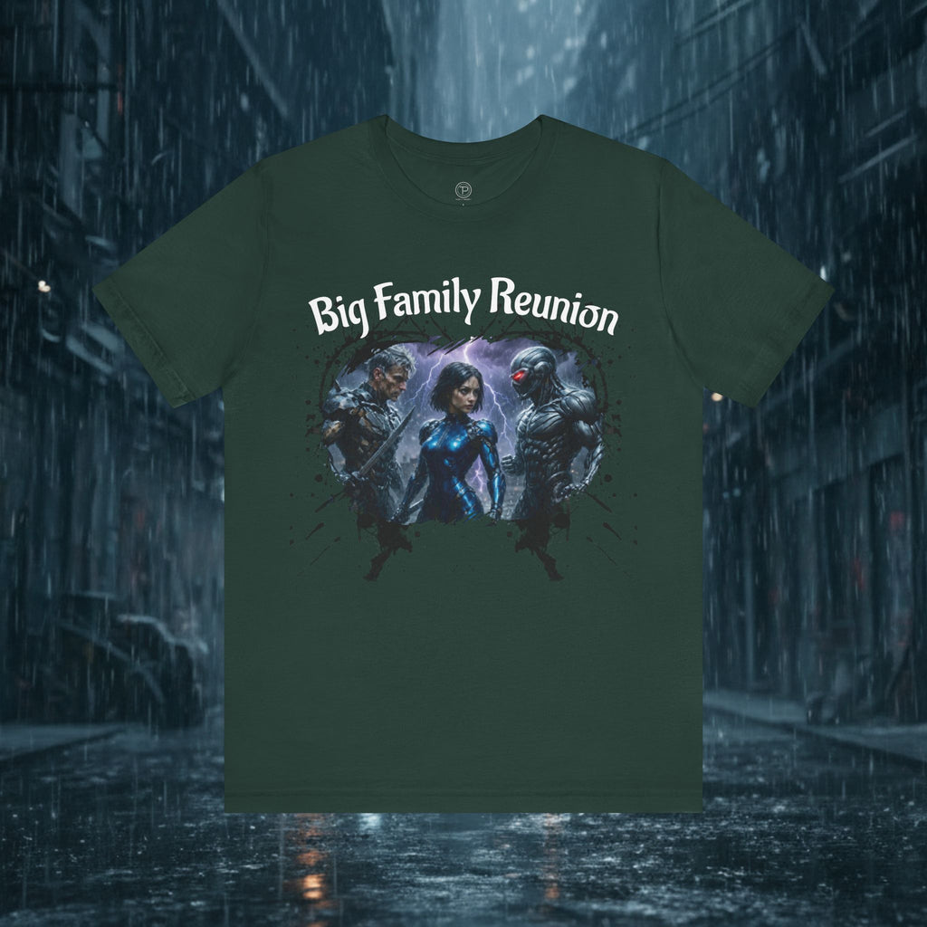 T-Shirt — "Big Family Reunion" Sci‑Fi Character Heart Graphic Tee - Battle Suits