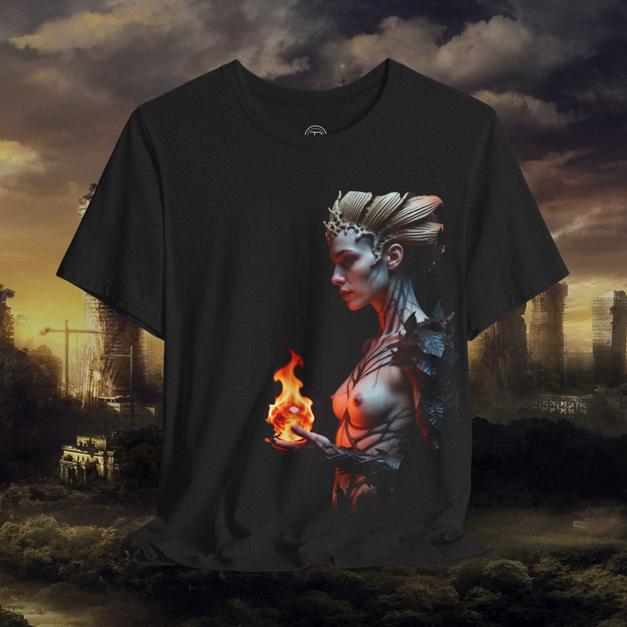 Mythic Fire Goddess T‑Shirt — Fantasy Portrait Tee with Flaming Orb - Alexia Ashford Side Face