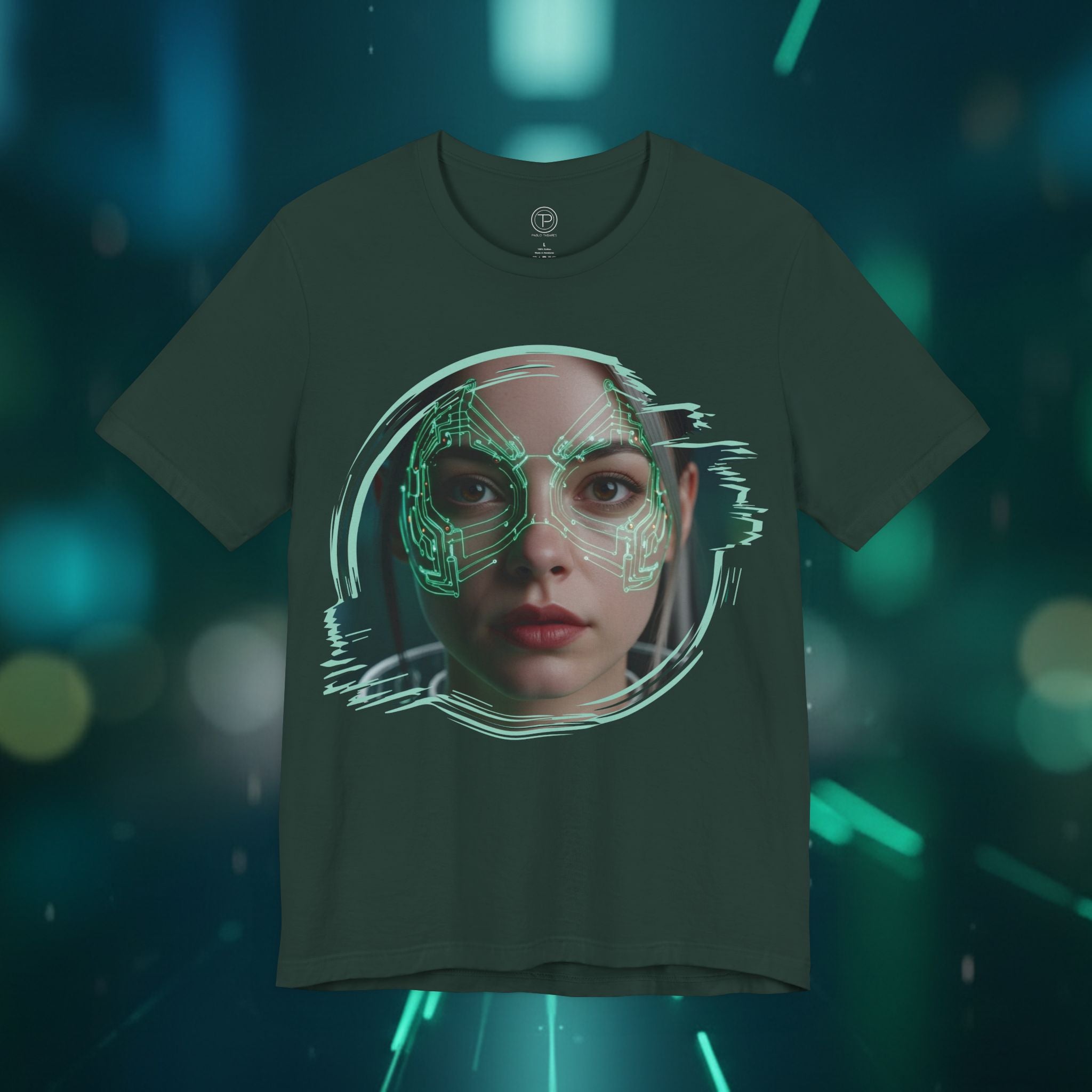 Cybernetic Portrait Tee — Futuristic Neon Circuit Face Graphic Shirt - Green Cyborg Woman
