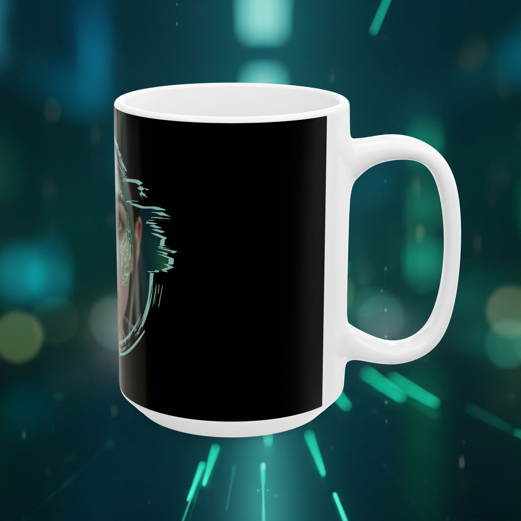 Cyberpunk Face Mask Ceramic Mug — Futuristic Portrait Coffee Cup (11oz/15oz) - Green Cyborg Woman