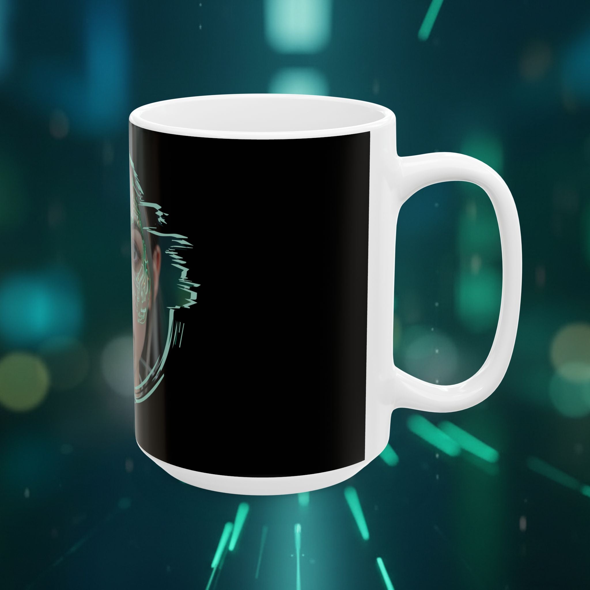 Cyberpunk Face Mask Ceramic Mug — Futuristic Portrait Coffee Cup (11oz/15oz) - Green Cyborg Woman