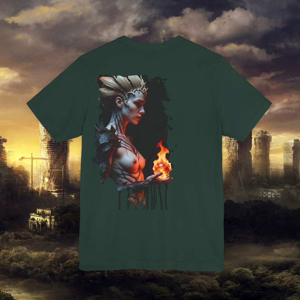 Mythic Fire Goddess T‑Shirt — Fantasy Portrait Tee with Flaming Orb - Alexia Ashford Side Face