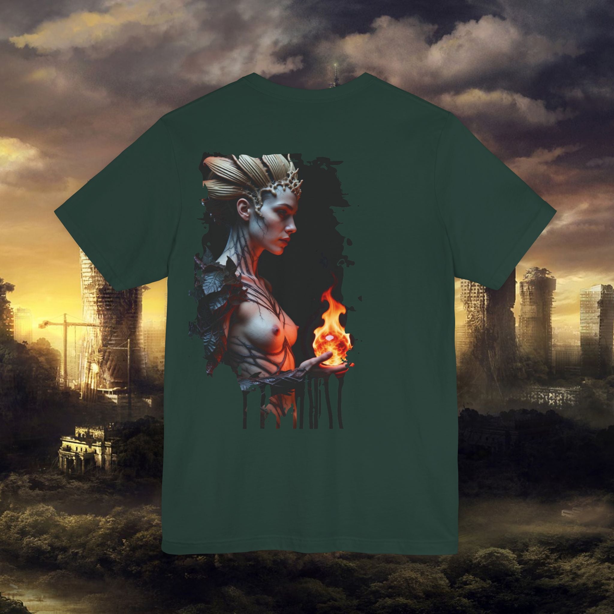 Mythic Fire Goddess T‑Shirt — Fantasy Portrait Tee with Flaming Orb - Alexia Ashford Side Face