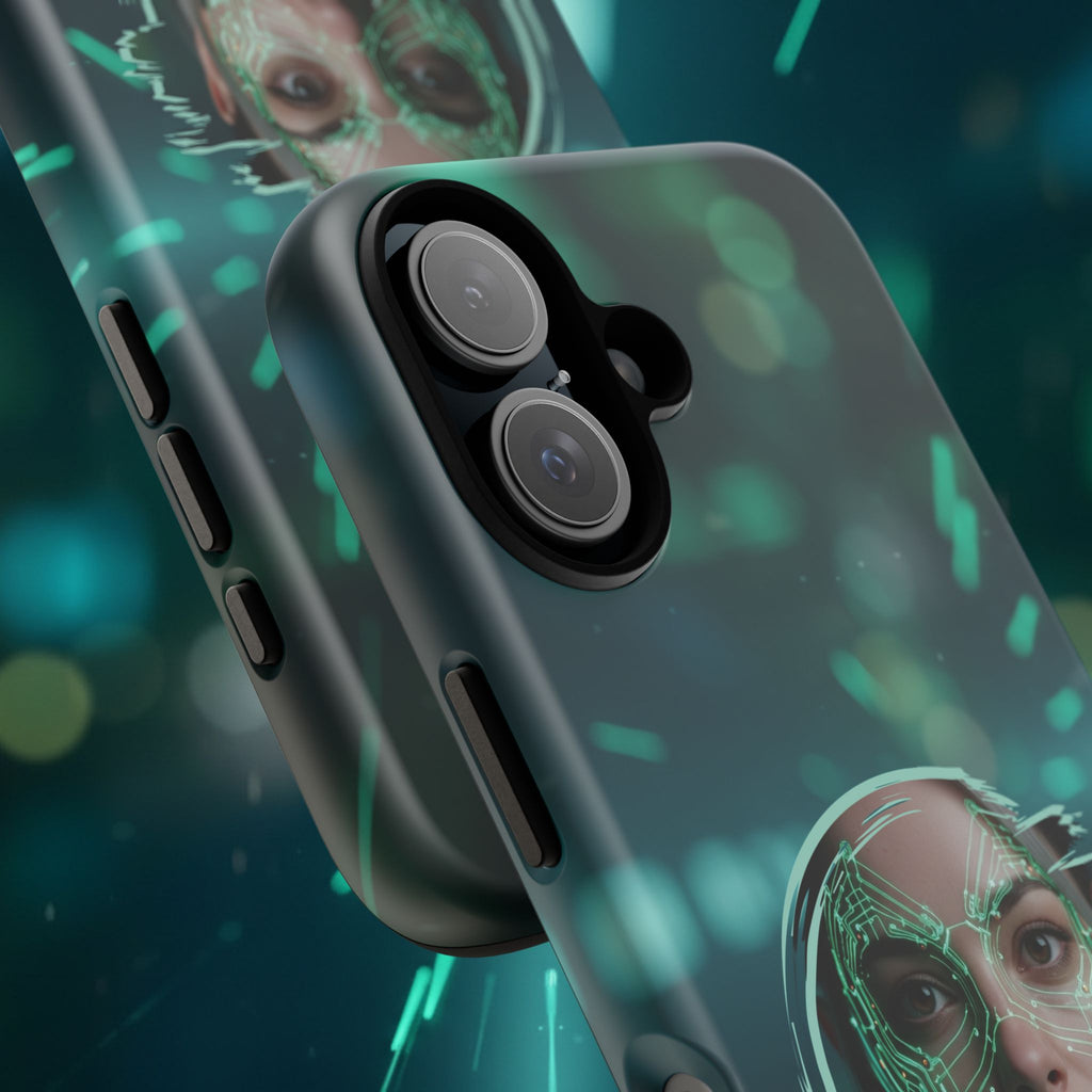 Cyberpunk Portrait Phone Case — Futuristic Neon Tech Face Design Tough Case - Green Cyborg Woman