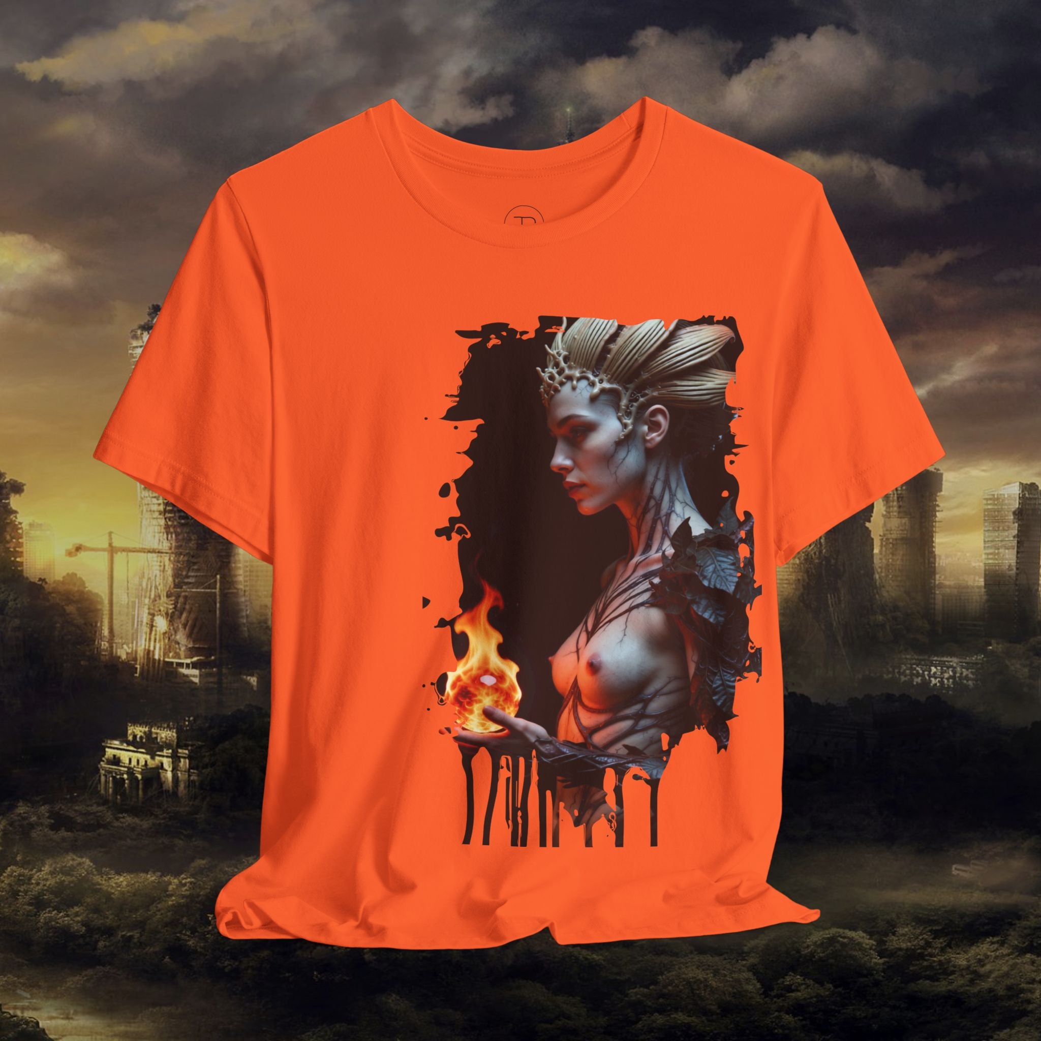 Mythic Fire Goddess T‑Shirt — Fantasy Portrait Tee with Flaming Orb - Alexia Ashford Side Face
