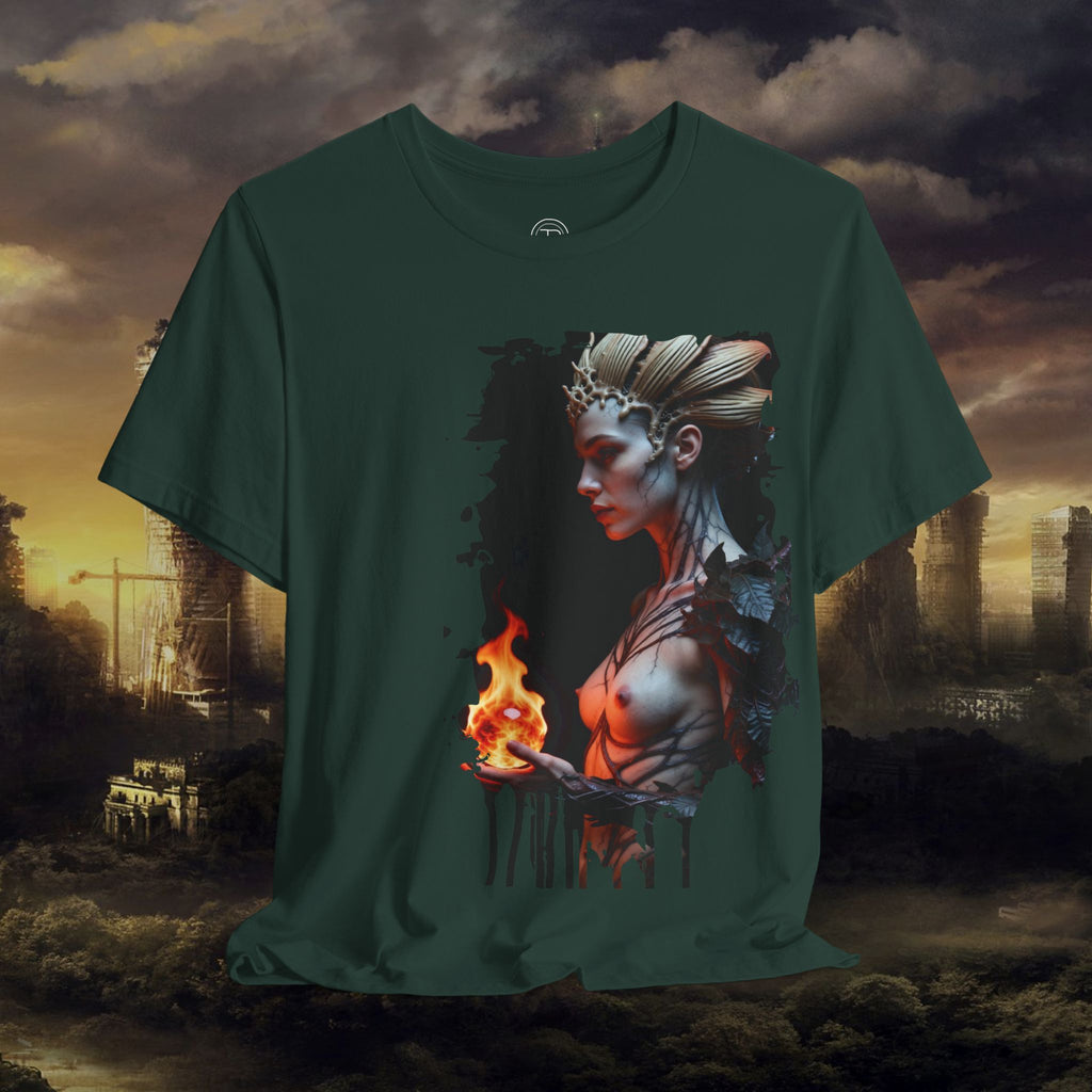 Mythic Fire Goddess T‑Shirt — Fantasy Portrait Tee with Flaming Orb - Alexia Ashford Side Face