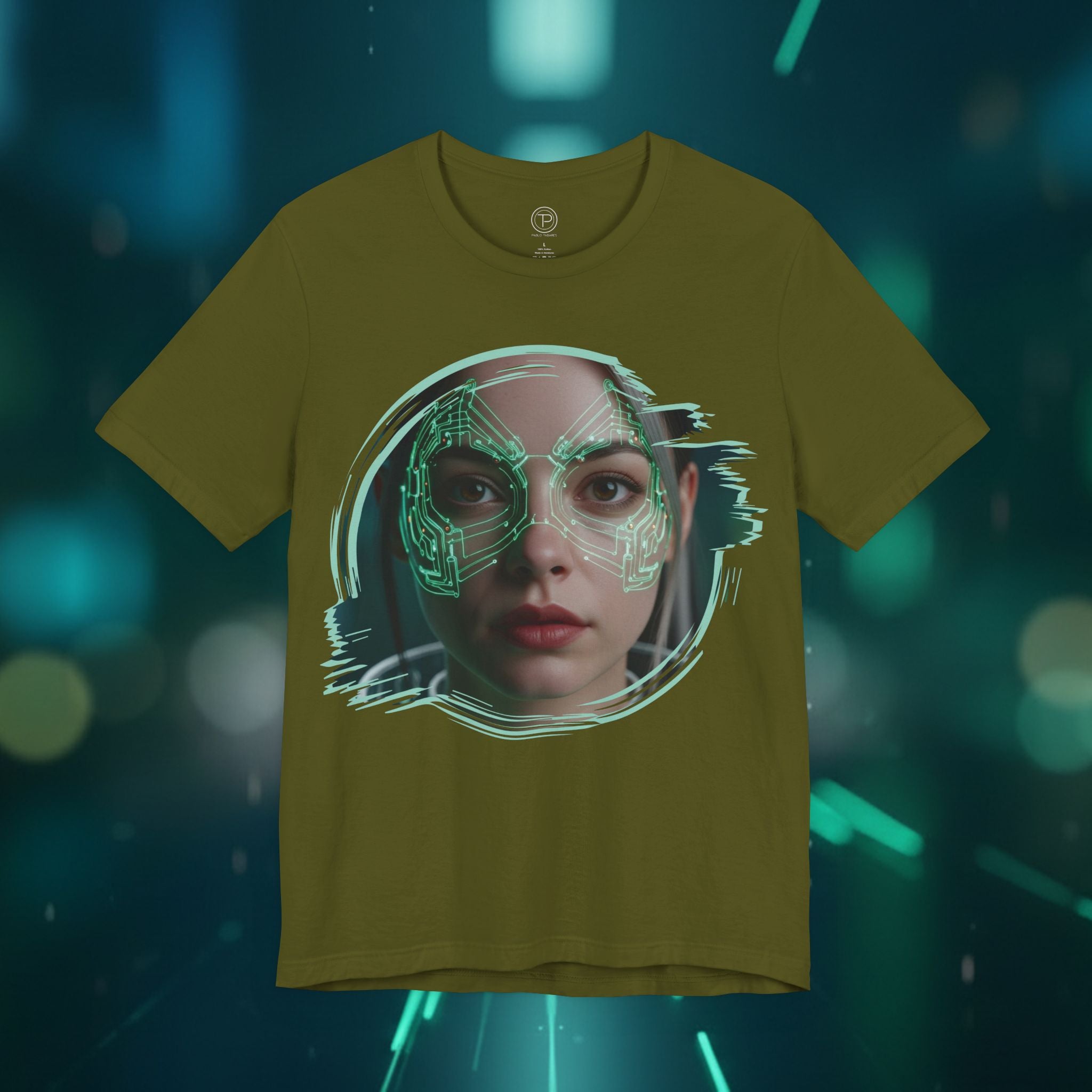 Cybernetic Portrait Tee — Futuristic Neon Circuit Face Graphic Shirt - Green Cyborg Woman