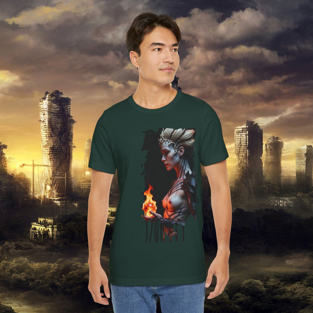 Mythic Fire Goddess T‑Shirt — Fantasy Portrait Tee with Flaming Orb - Alexia Ashford Side Face
