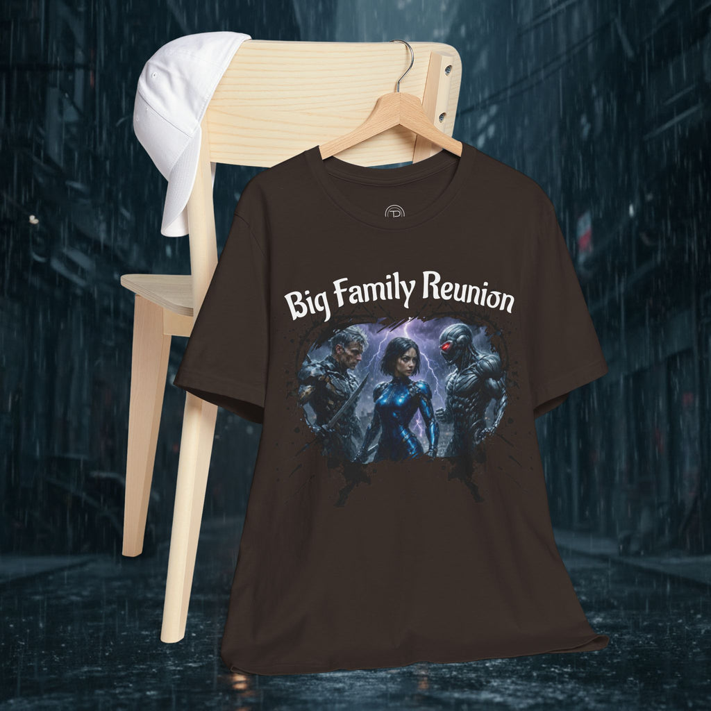 T-Shirt — "Big Family Reunion" Sci‑Fi Character Heart Graphic Tee - Battle Suits