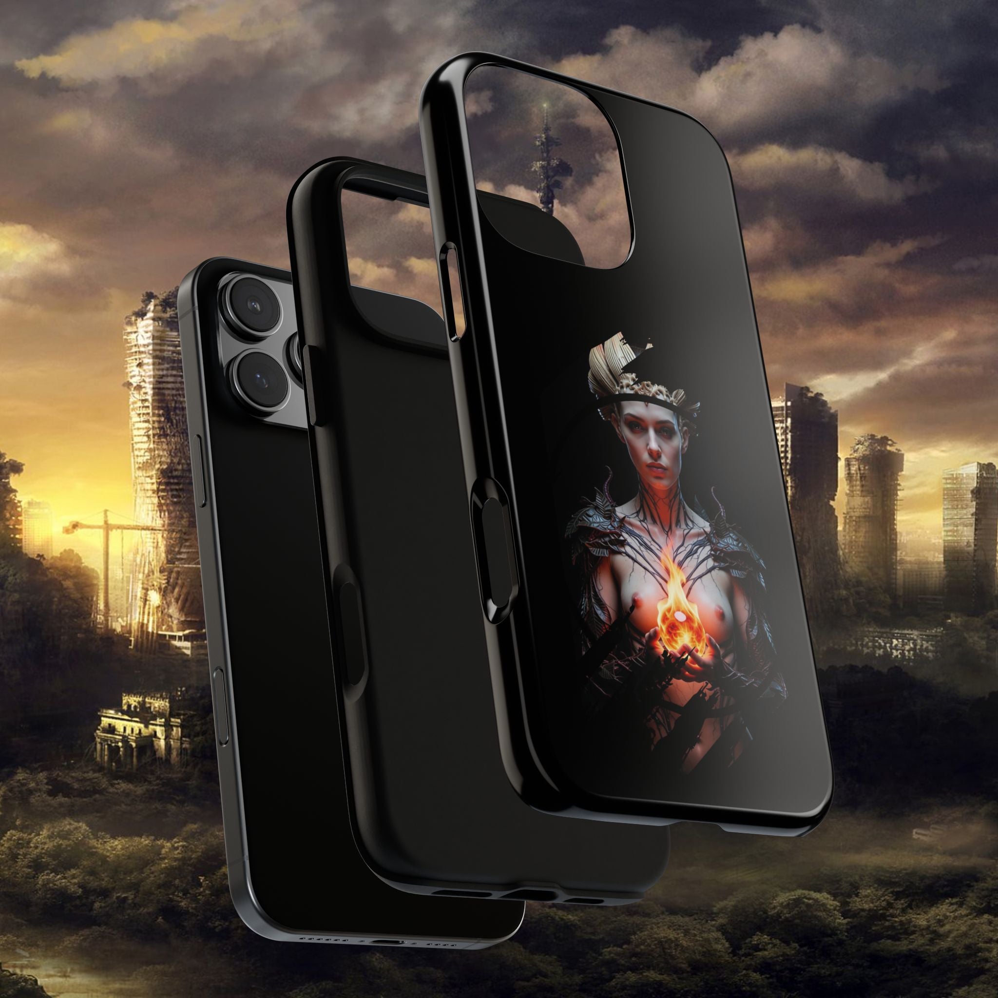 Fantasy Sorceress Phone Case — Dark Magic Mage with Fiery Orb Tough Case - Alexia Ashford