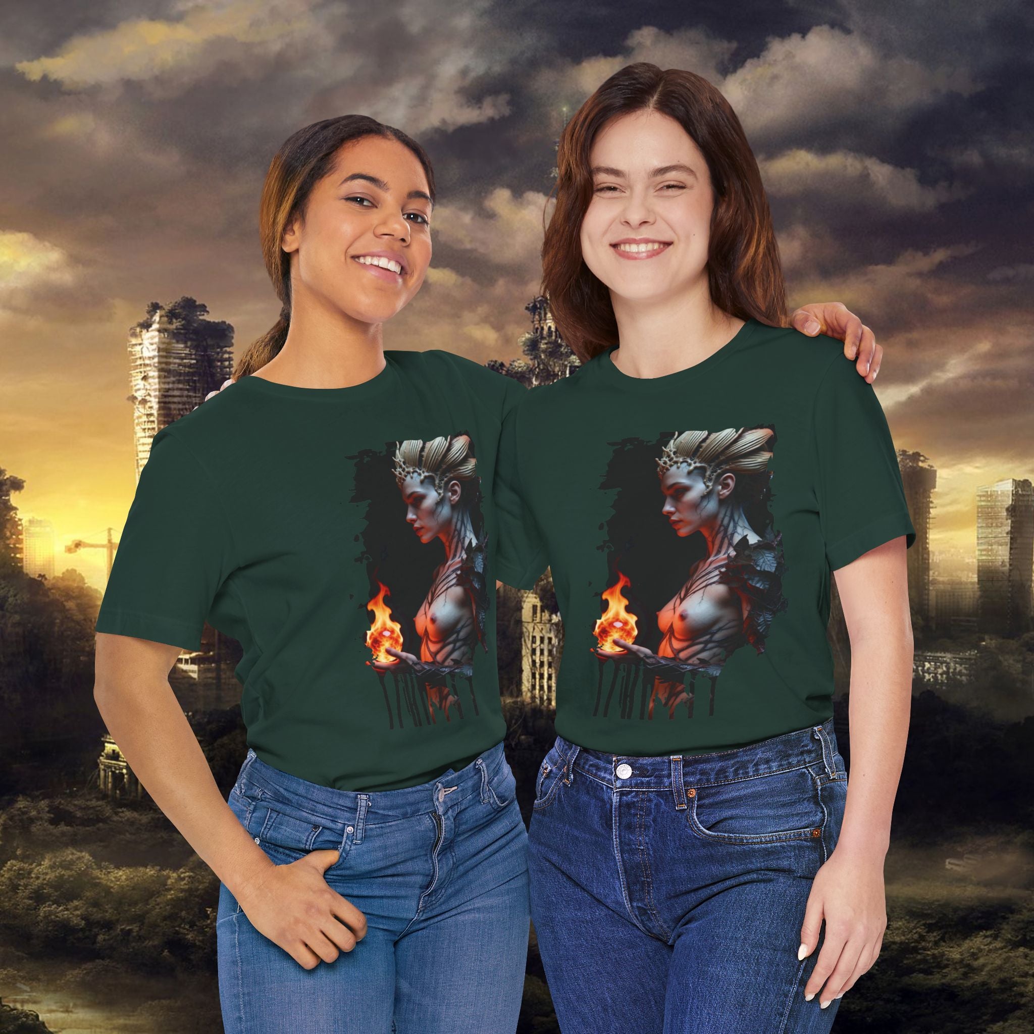 Mythic Fire Goddess T‑Shirt — Fantasy Portrait Tee with Flaming Orb - Alexia Ashford Side Face