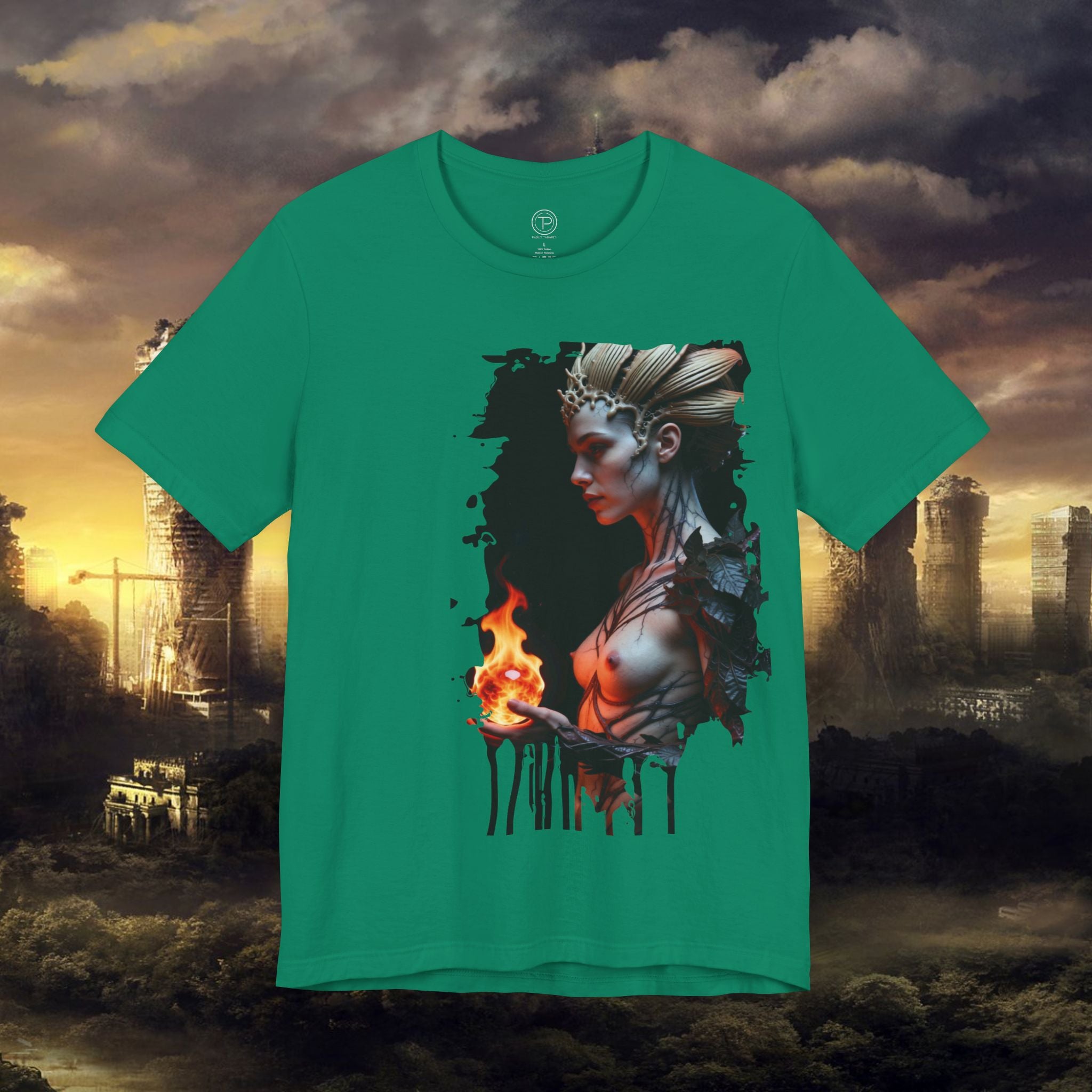 Mythic Fire Goddess T‑Shirt — Fantasy Portrait Tee with Flaming Orb - Alexia Ashford Side Face