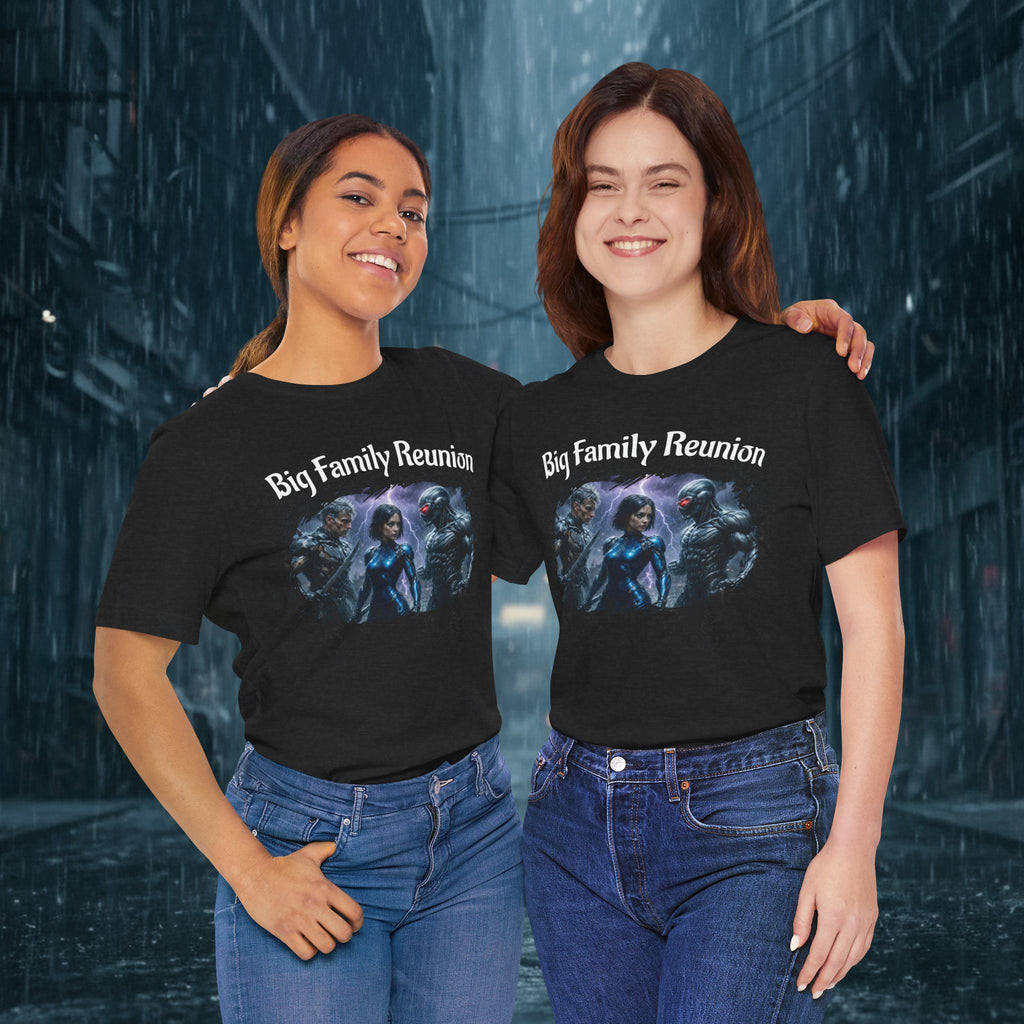 T-Shirt — "Big Family Reunion" Sci‑Fi Character Heart Graphic Tee - Battle Suits