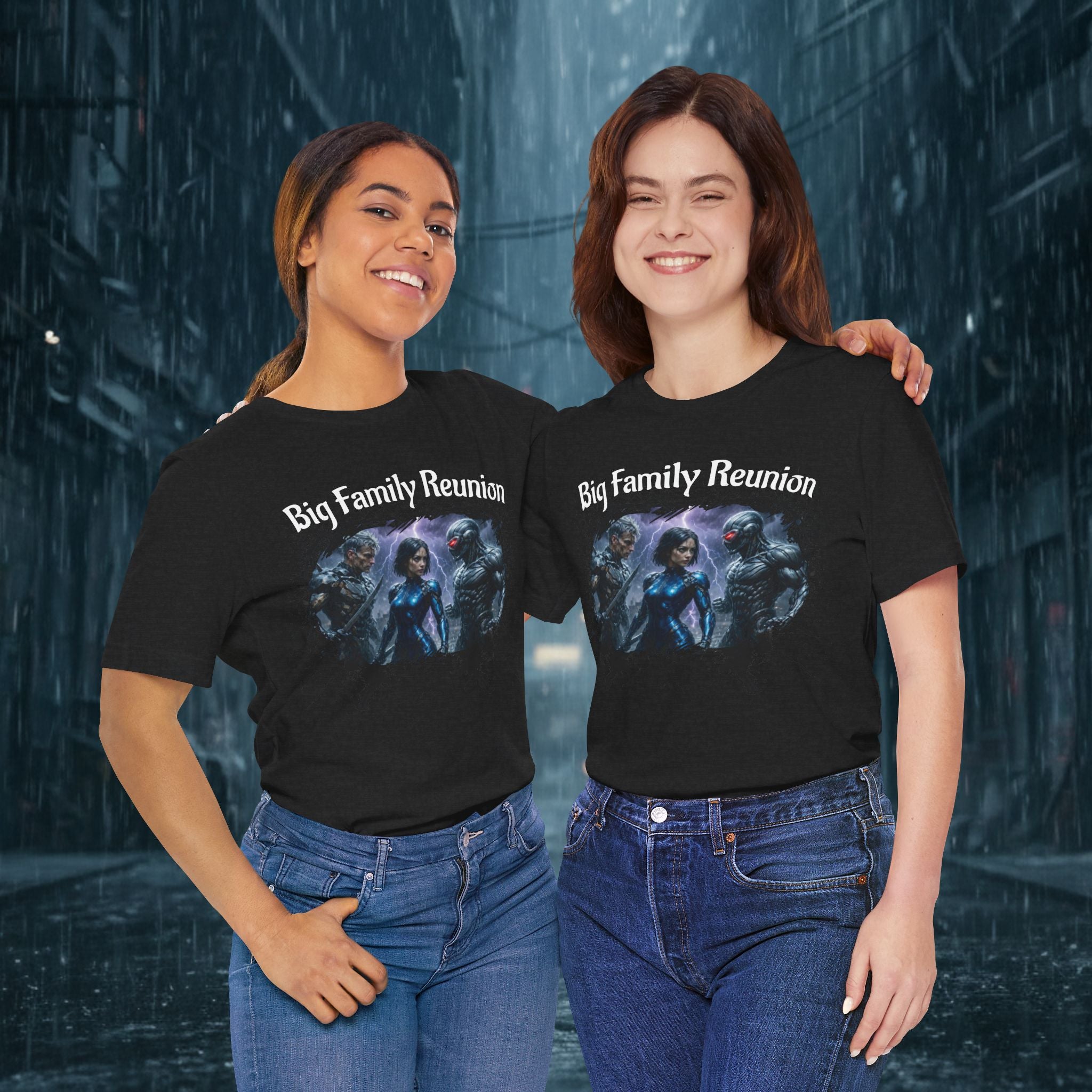 T-Shirt — "Big Family Reunion" Sci‑Fi Character Heart Graphic Tee - Battle Suits