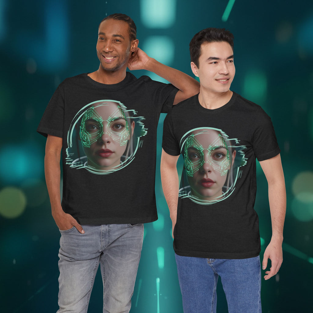 Cybernetic Portrait Tee — Futuristic Neon Circuit Face Graphic Shirt - Green Cyborg Woman