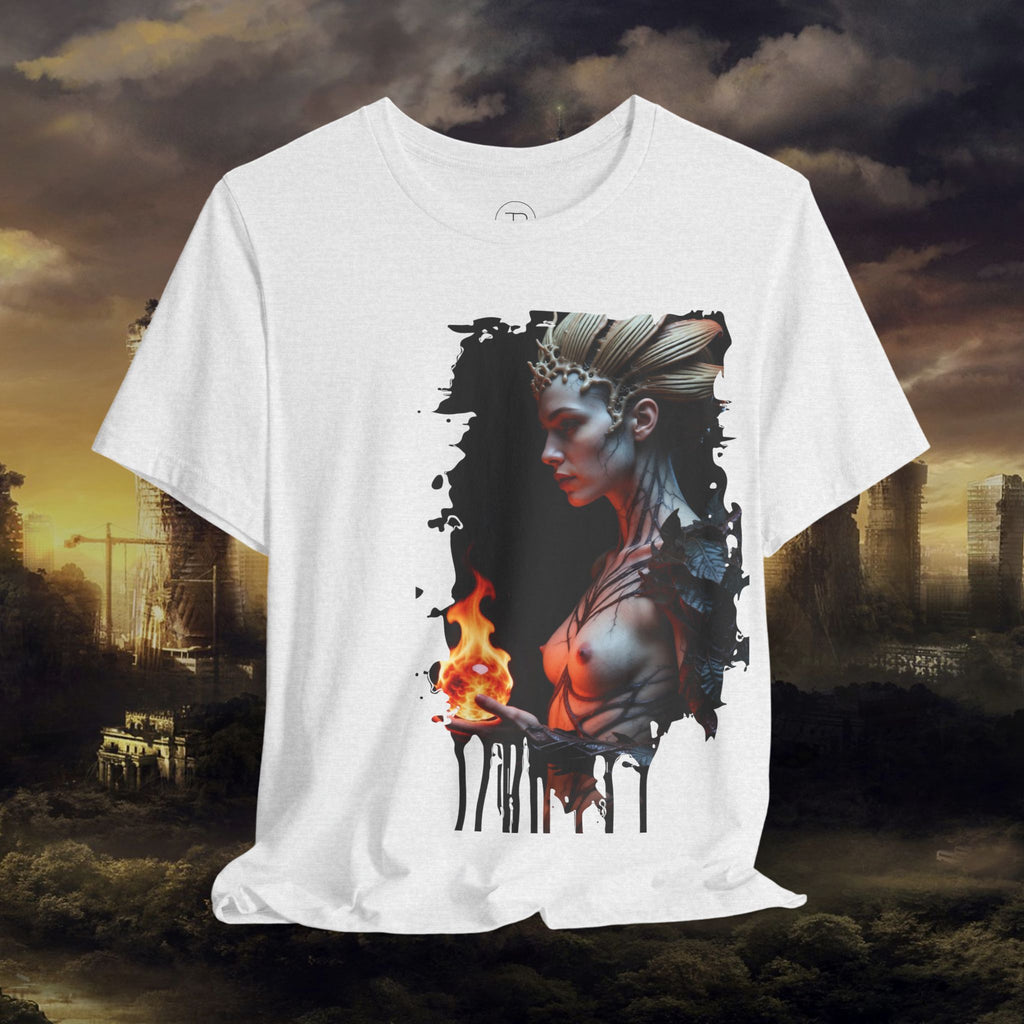Mythic Fire Goddess T‑Shirt — Fantasy Portrait Tee with Flaming Orb - Alexia Ashford Side Face